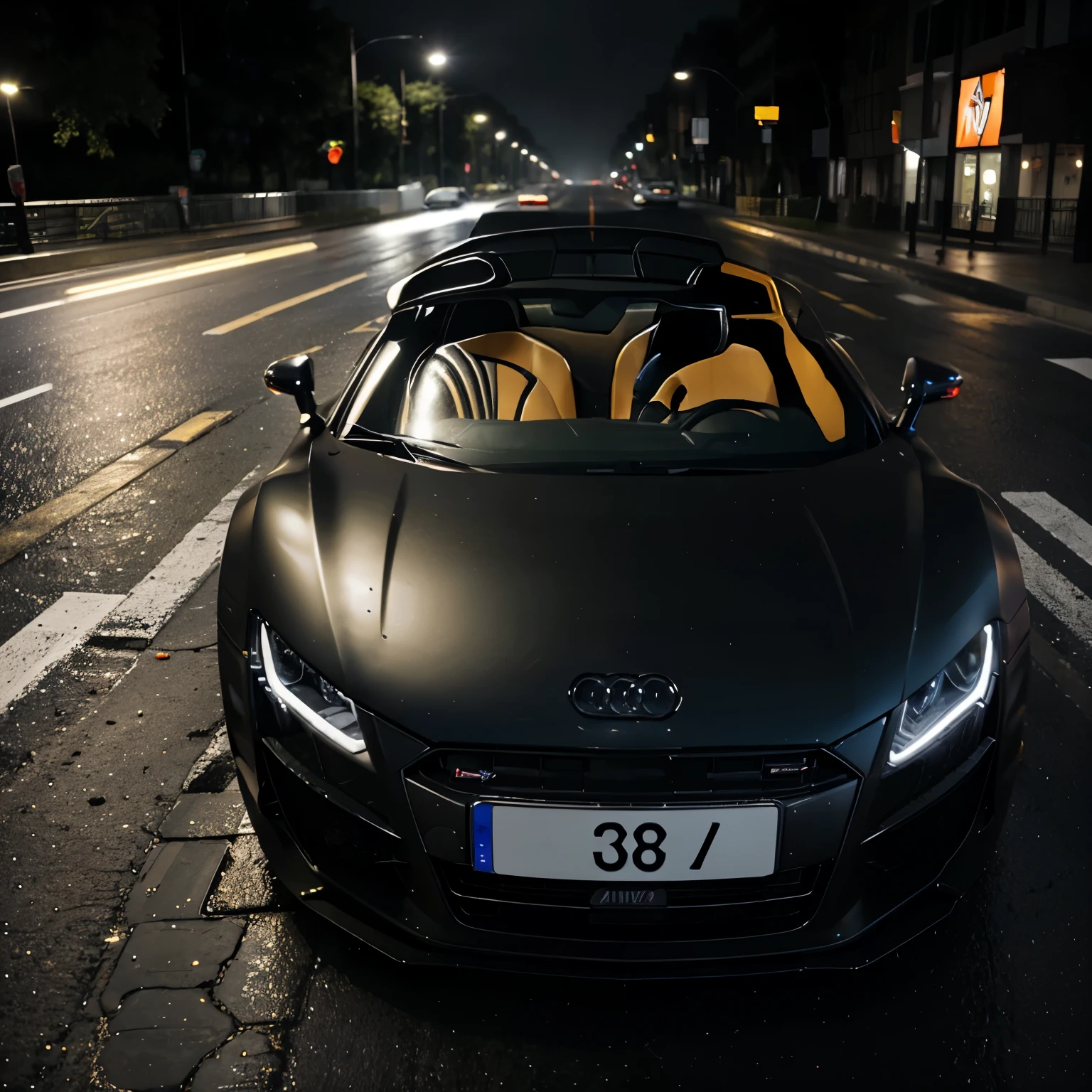 A yellow Audi R8 GT Spyder on a dark rain-soaked road, high-resolution, ultra-detailed, glossy paint finish, aggressive stance, powerful engine, headlights shining brightly, sleek and aerodynamic design, fog lights, reflective surfaces, dynamic motion, intense speed, adrenaline, professional photography, vibrant colors, deep shadows, dramatic lighting, urban setting