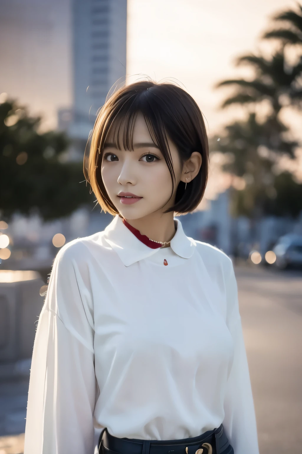 white shirt:1.3, medium bob