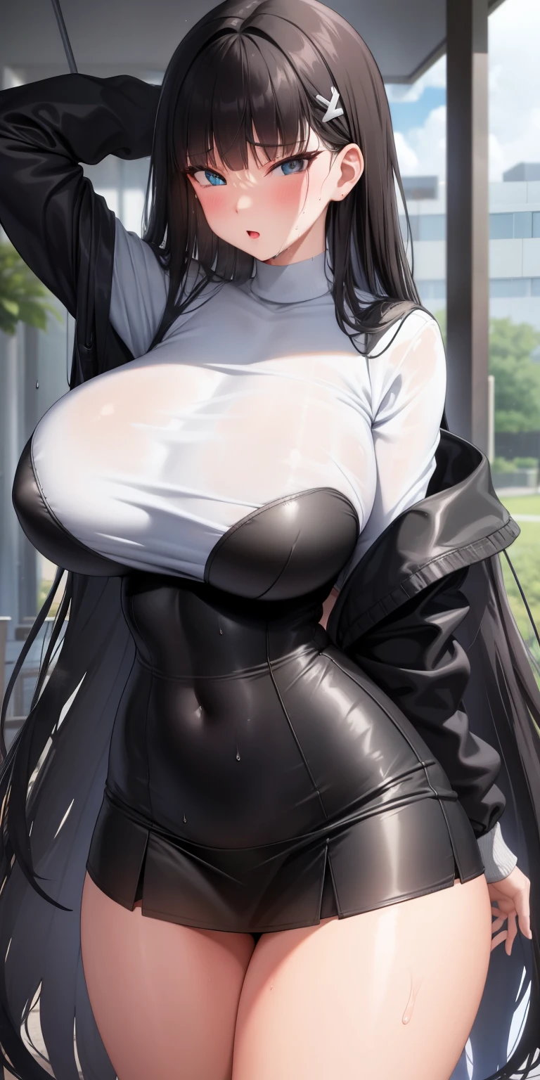 , big tits, wide sexy thighs, miniskirt, panties, wet panties, tight clothes, , long hair