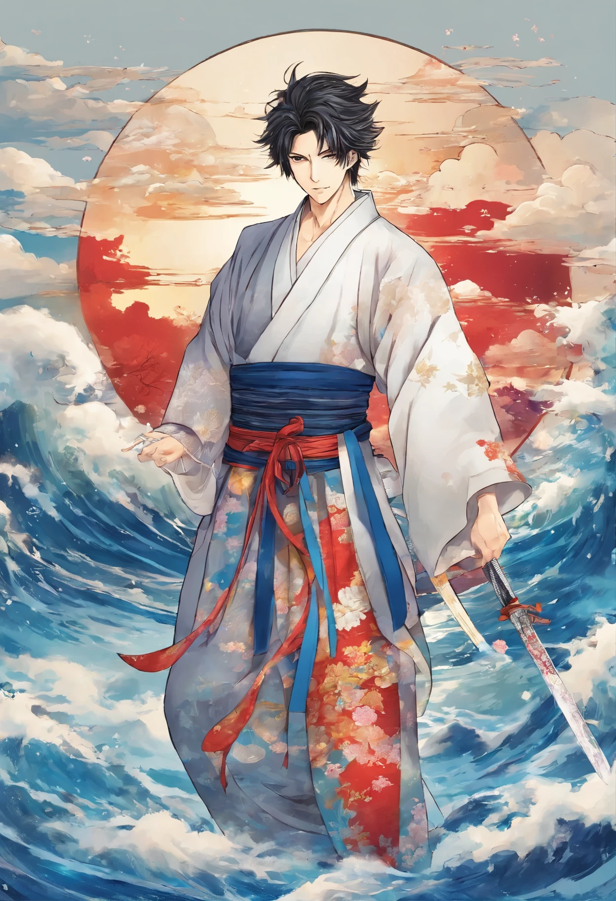 Male around 25 years old。Medium unkempt hair。lean muscular body。The background is the sea with high waves。wearing fantasy Japanese clothes。The clothes I'm wearing are falling apart。Has a decorated Japanese sword。standing in a dignified manner。eyes wide open。smiling boldly。