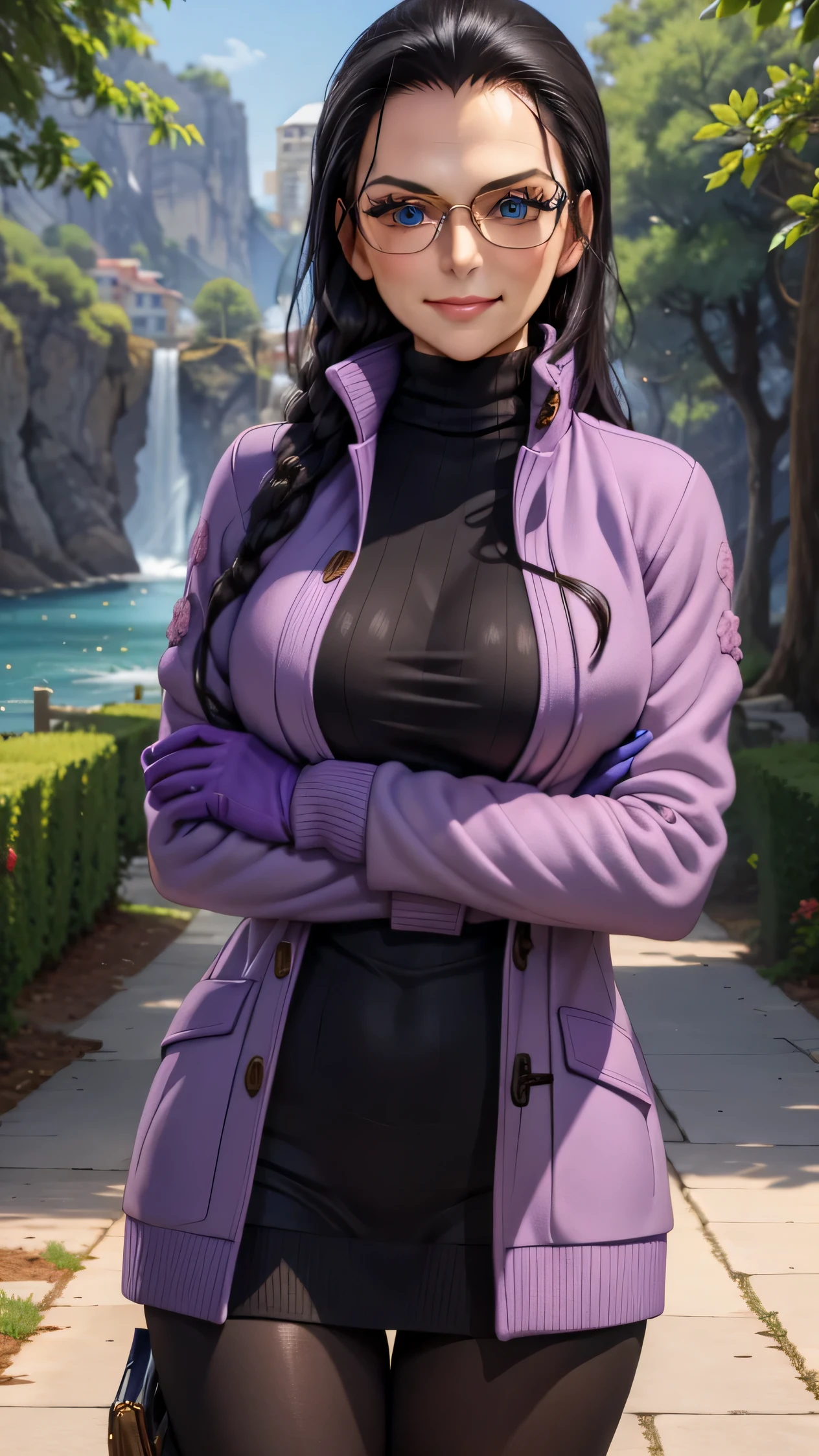 (Masterpiece), 1girl, high quality, best quality, extremely detailed eyes, extremely detailed body, blush, highly detailed, Nico robin, one piece, black hair, blue eyes,  looking at viewer, smile, large breasts, gloves, long sleeves, closed mouth, 1girl, purple jacket, upper body, open clothes, sweater, coat, crossed arms, eyewear on head, brown gloves, ribbed sweater, hair slicked back, purple sweater