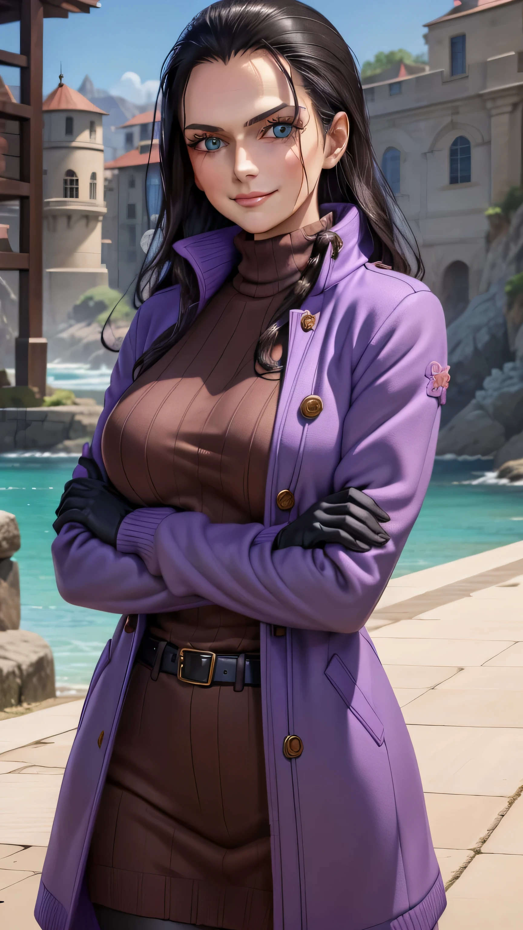 (Masterpiece), 1girl, high quality, best quality, extremely detailed eyes, extremely detailed body, blush, highly detailed, Nico robin, one piece, black hair, blue eyes,  looking at viewer, smile, large breasts, gloves, long sleeves, closed mouth, 1girl, purple jacket, upper body, open clothes, sweater, coat, crossed arms, eyewear on head, brown gloves, ribbed sweater, hair slicked back, purple sweater