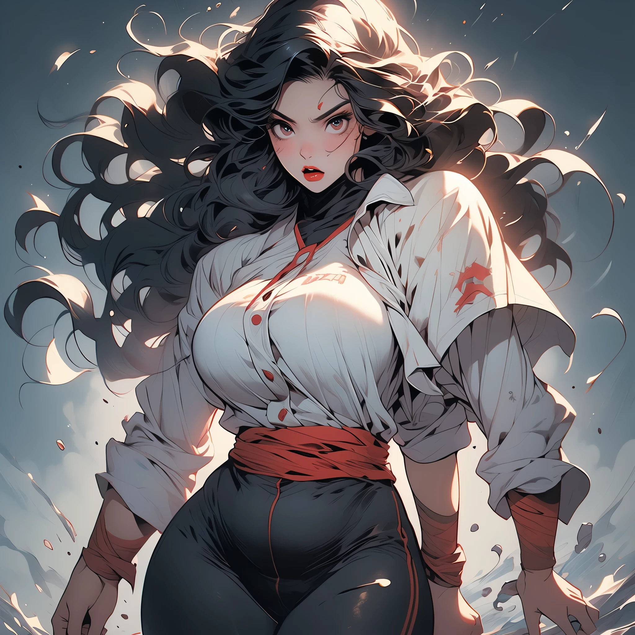 (Asian SuperWoman, Malaysian, huge breasts, athletic, slim waist, big hips, big eyes, Hijab with uniform symbol, tattered uniform) in a desperate fight with (Cannibal Corpse| Ninja)