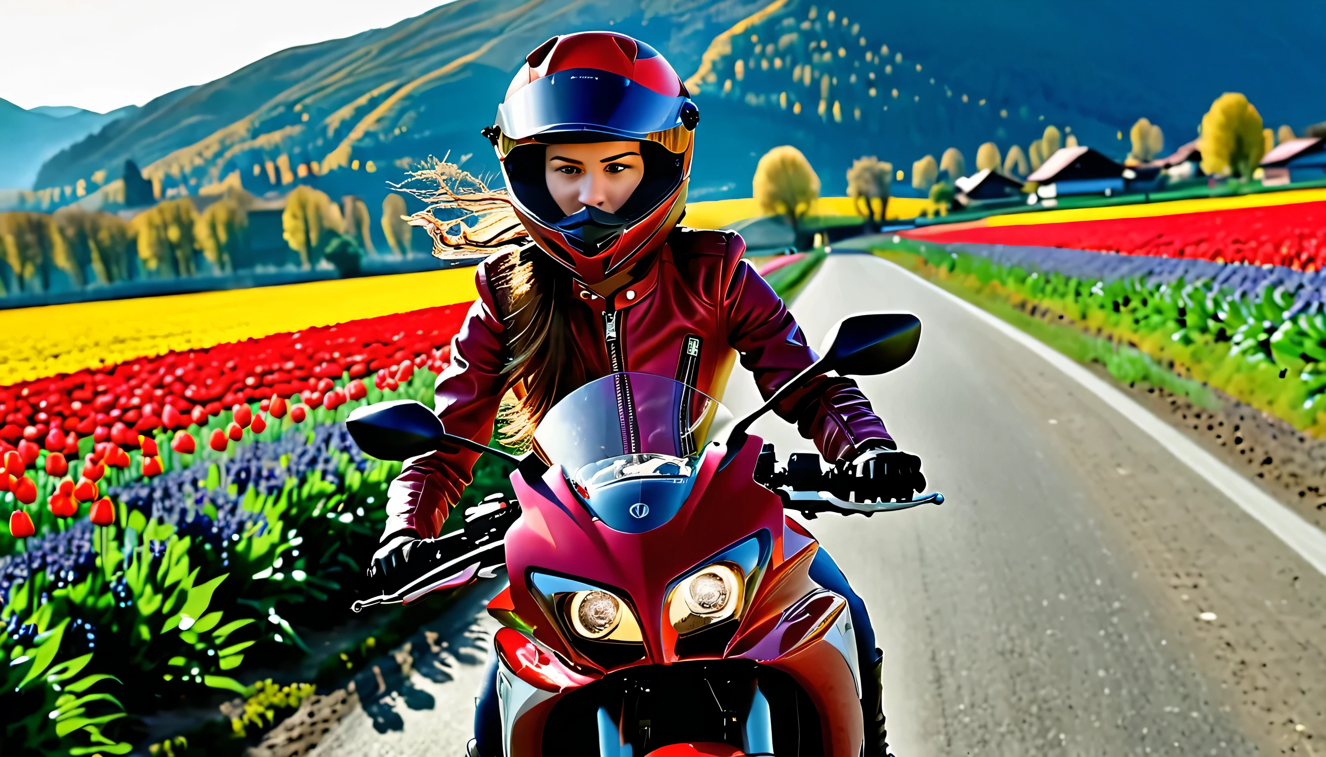 ((ultra detailed):1.4),((Still images, looks like movies, and dynamic angles):1.3), Super realistic photo of a fourteen year old girl with long brown hair wearing a red leather jacket and an open helmet., race at speed on a Honda motorcycle along a wide highway, among a lavender field with trees and red and yellow tulips, several Swiss-style buildings, The icy Alps are visible in the background., dawn lighting, Feeling of speed, (upper body:1.5), (Wide Angle:1.5).
