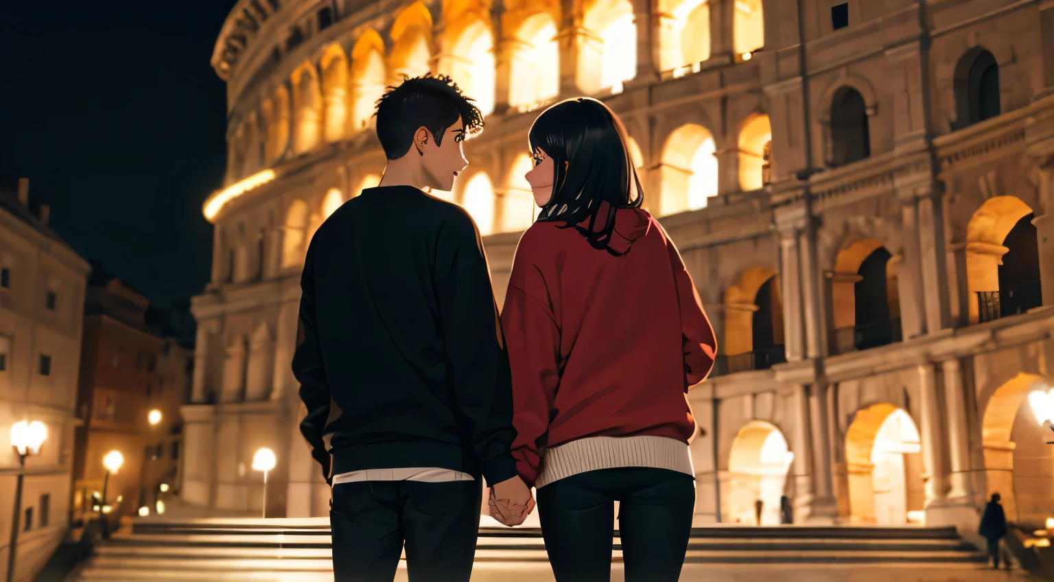 A young couple with their backs to the camera in the Roman coliseum on a bright night. They have their back to the camera wearing a black sweatshirt., pantalones negros, zapatillas negras y audifonos.