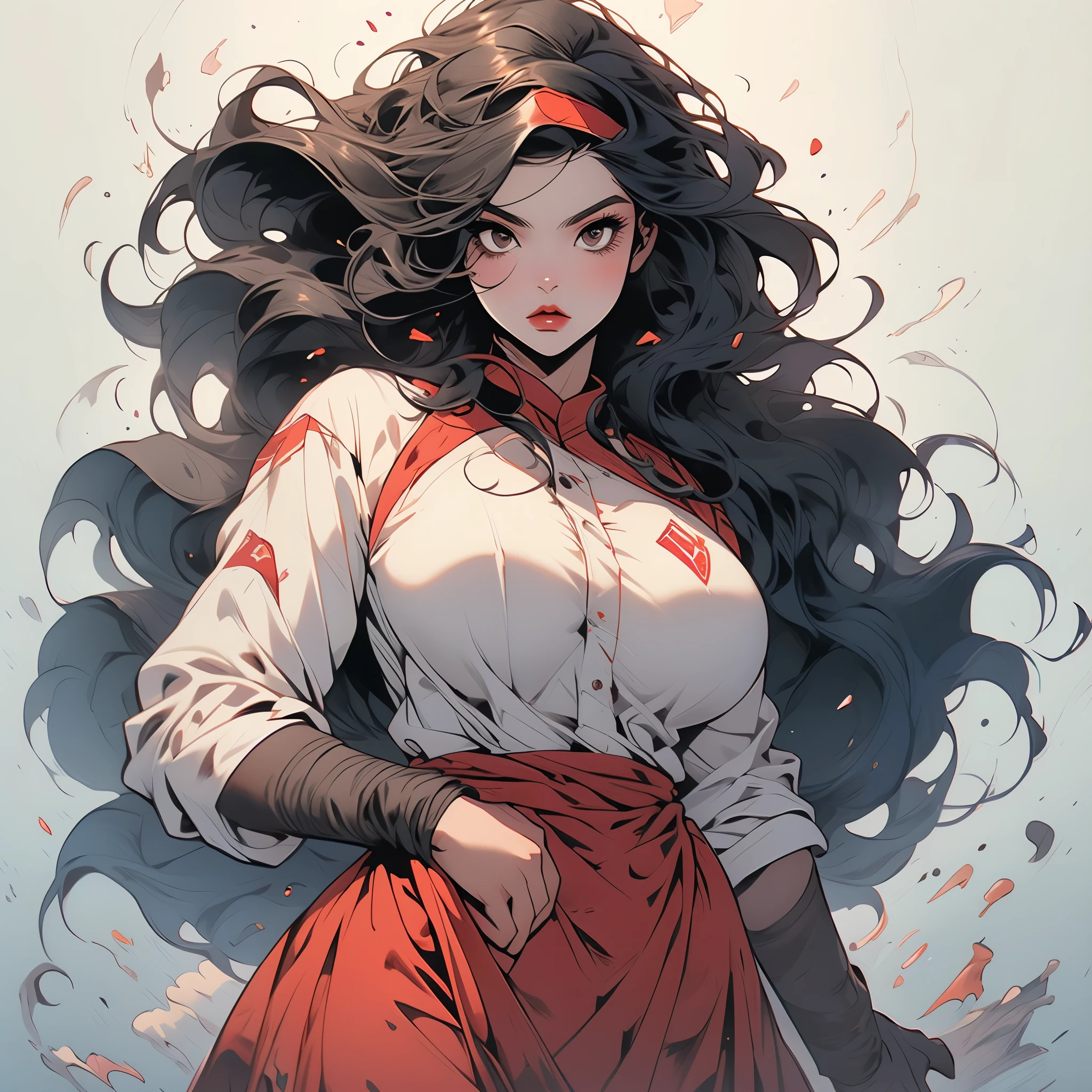 (Asian SuperWoman, Malaysian, huge breasts, athletic, slim waist, big hips, big eyes, Hijab with uniform symbol, tattered uniform) in a desperate fight with (Cannibal Corpse| Ninja)