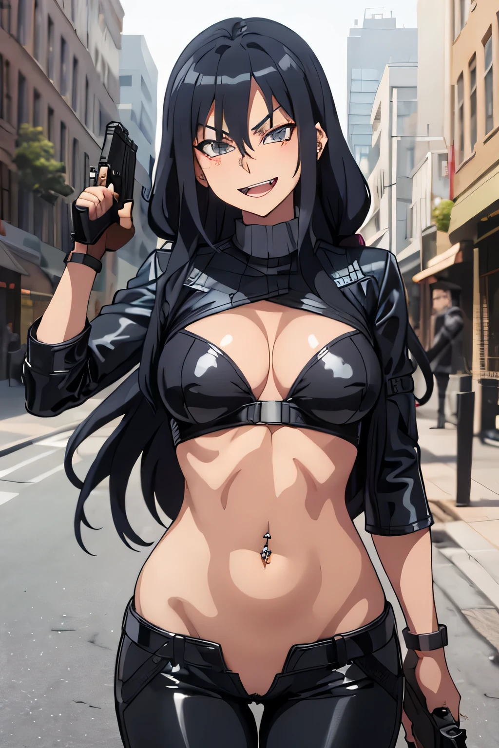 Pitohui_Elza, crazy smirk, masterpiece, best quality, highly detailed, a girls with a gun, evil smile , open mouth, y gaze, badass
pose , evil smile, smile, (nsfw) not safe for work, guns blazing, anime girl with long hair, beautiful long
haired girl, navel, evil expression, exposed belly, exposed navel, exposed midriff, exposed lower belly,
long black pants, crop top, clenbuttoned leather pants ,open fly, low rise black leather pants,
leather jacket, holding a gun, outdoor,street,road, navel piercing