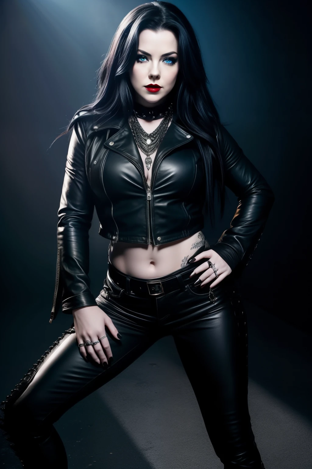 Amy Lee, a 37-year-old woman with pale skin and a thick, voluptuous build, dons a rocker outfit that highlights her edgy personality. Her brilliant blue eyes are accentuated with heavy gothic makeup, including dark eyeliner and deep red lipstick. With a seductive smirk, she poses sexily, grinding her hips ever so slightly to add to the allure of her image. Her outfit consists of a torn black leather jacket over a low-cut black top and ripped jeans, revealing a tantalizing glimpse of her midriff. The overall aesthetic is both dark and mesmerizing, capturing the true essence of Amy Lee's captivating persona.