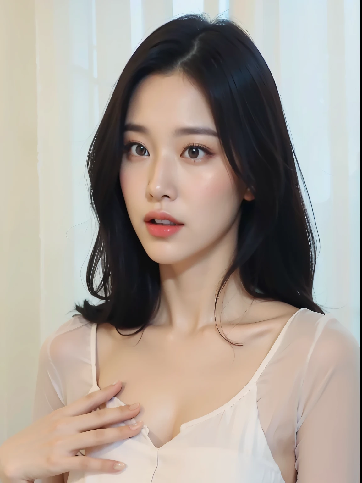 Tzuyu, full naked body, photorealistic, 8k, high resolution, ultra-detailed eyes, shot on Fujifilm XT3, slim petite body, small perky breasts, bedroom, opened legs pose, natural sunlight, eyes looking at the viewer, photorealistic long black hair, detailed skin textures, photorealistic eyes, pussy
