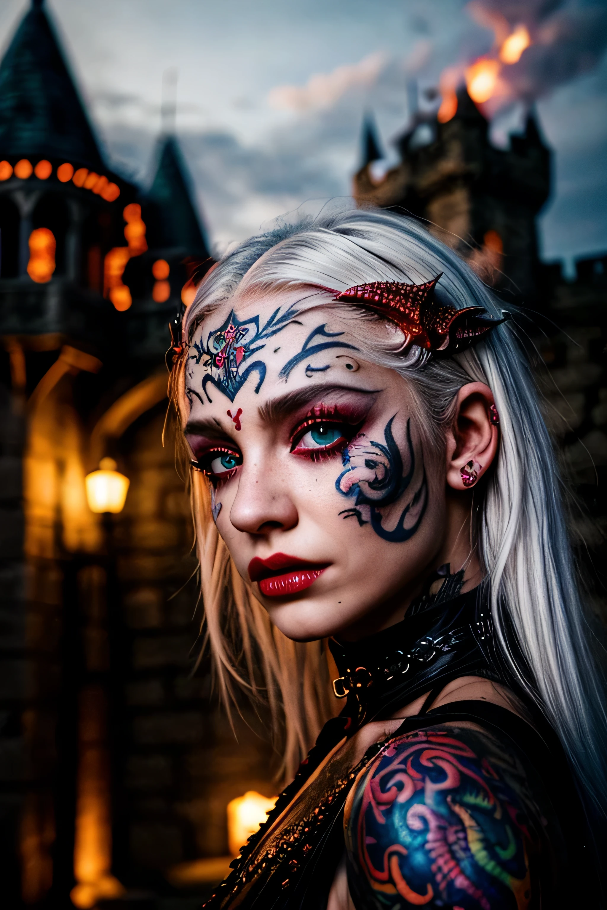solo, 1girl, girl_focus, realistic, white_hair, [(colorful ornate scales, dragon, face-tattoo)], outside stone castle in background, nighttime, choker, flames, lips, red_eyes, facial_tattoo, nose, seductive, cinematic_lighting, high saturation red