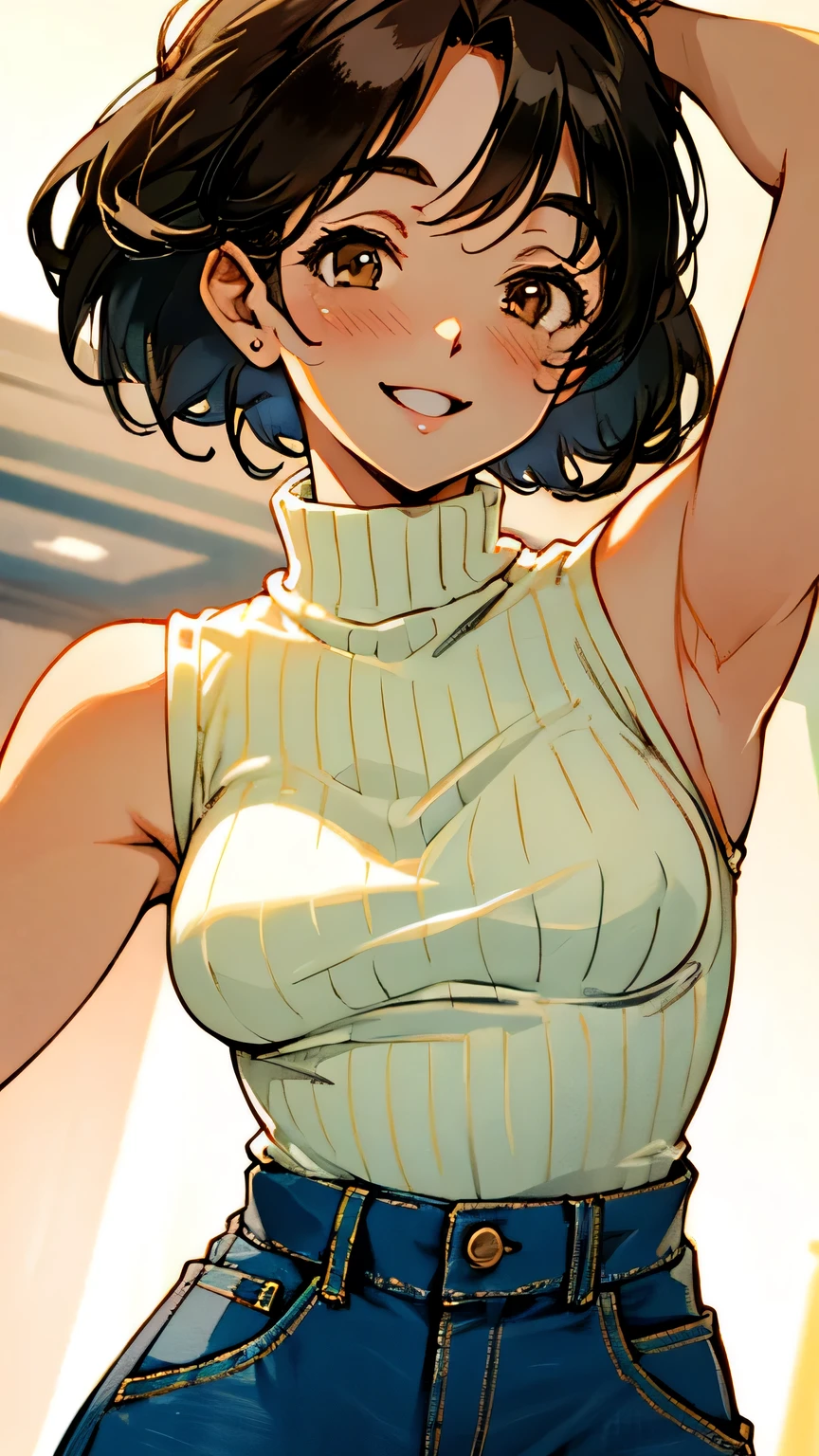 (Best quality, dynamic lighting, highly detailed) Brown haired young woman, mature, beautiful, bob hair, brown eyes, chubby, small to medium breasts, yellow knitted sleeveless turtleneck, high waisted denim pants,, smiling.