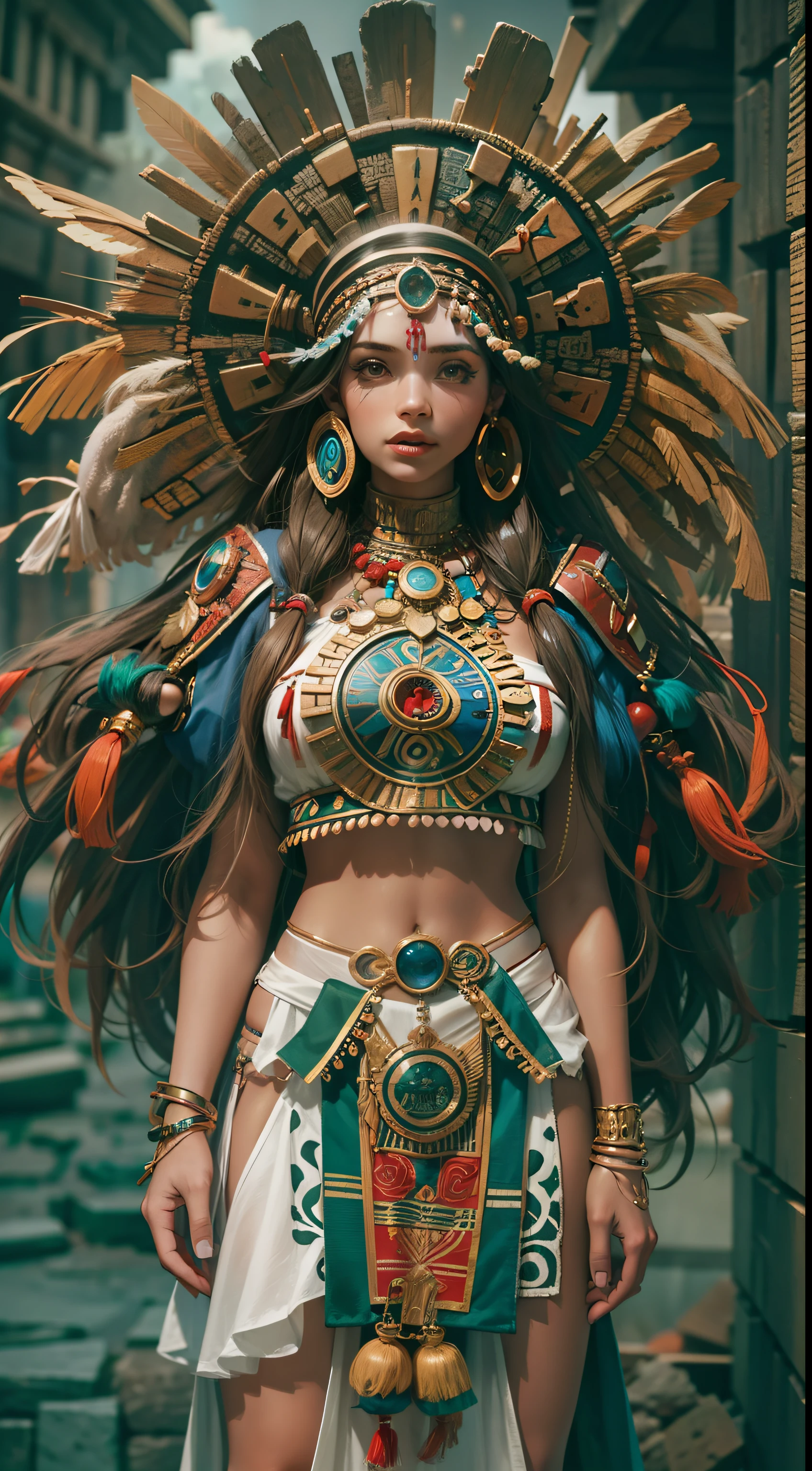 Beautiful woman in insanely complicated Mayan shaman costume