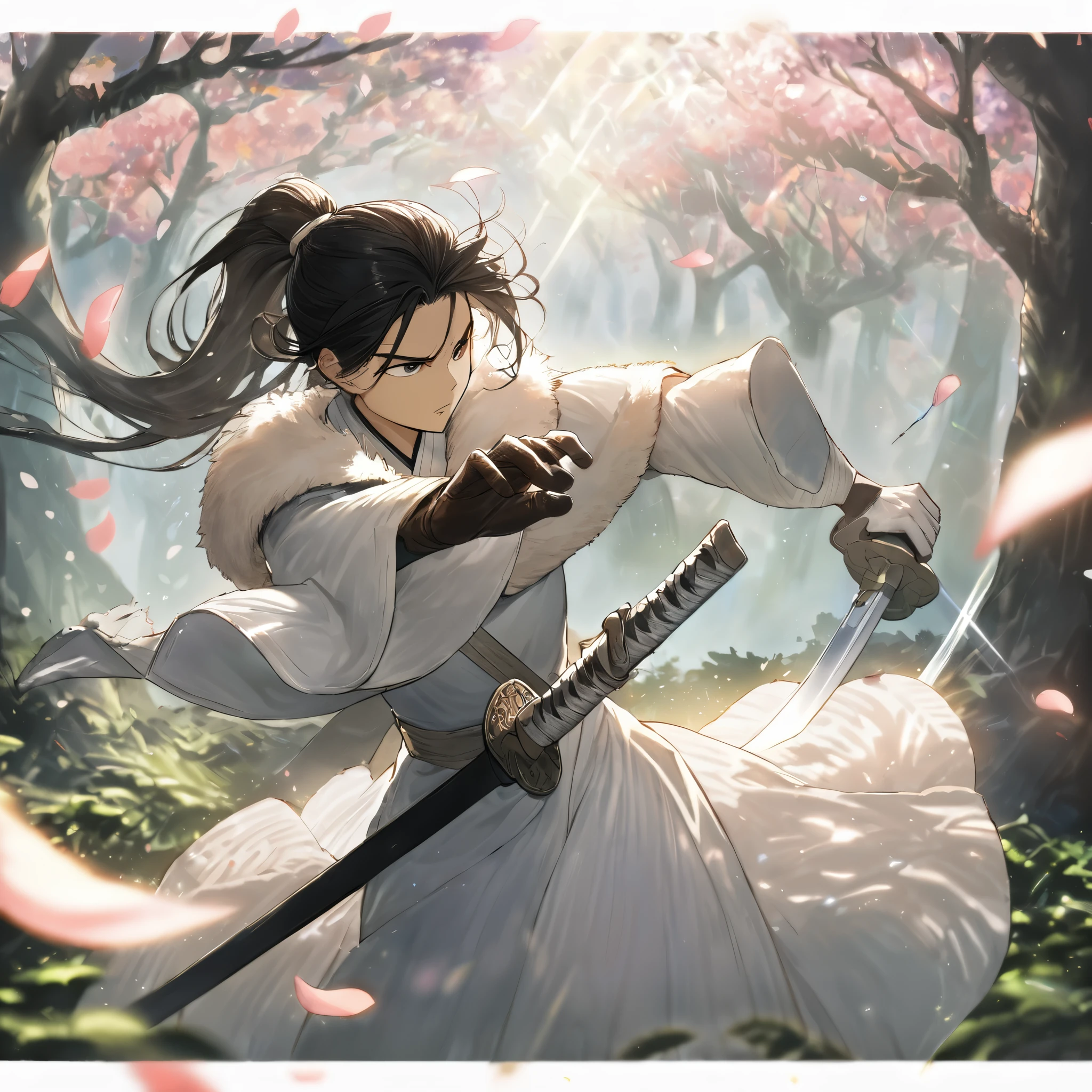 (dress in white),Petals fluttering in the wind, shining swords, helpless expression, anger, fighting with death, very detailed expression, very detailed petals,ponytail, 2swordsman fighting,fight,gongfu,stand in trees, 2swordsman stood in a peach tree forest with petals dancing,petals , detailed ,completing the stable diffusion of serenity and contentment,masterpiece, best quality,masterpiece, best quality, swordman,holding a sword(trees:0.5),(eagle:0.5), (bamboo:0.2) fighting stance, 1man, glowing, solo, weapon, sword, tree, holding, gloves, outdoors, sheath, border, holding weapon, black hair, holding sword, fur trim, looking away,look at view