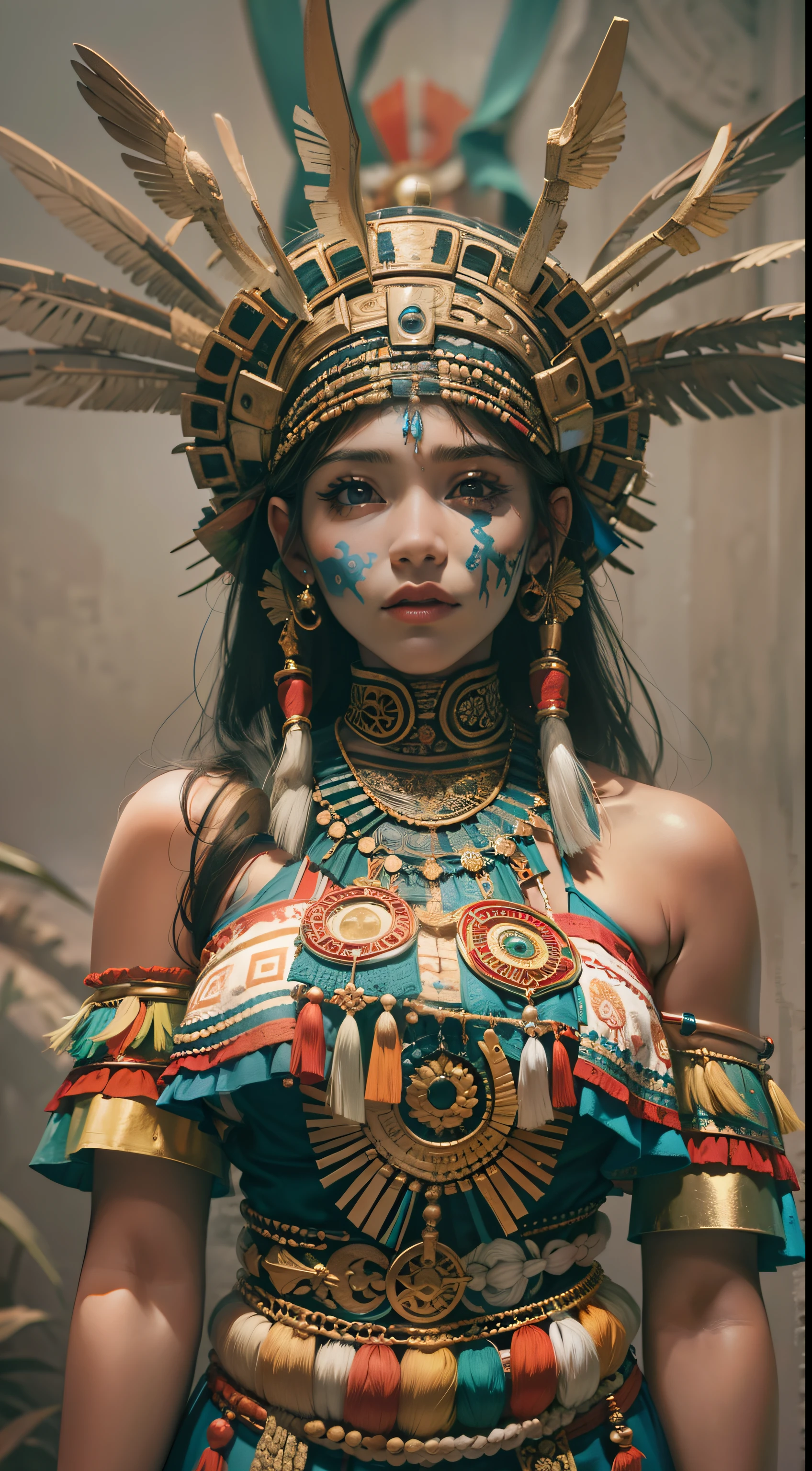 Beautiful woman in insanely complicated Mayan shaman costume