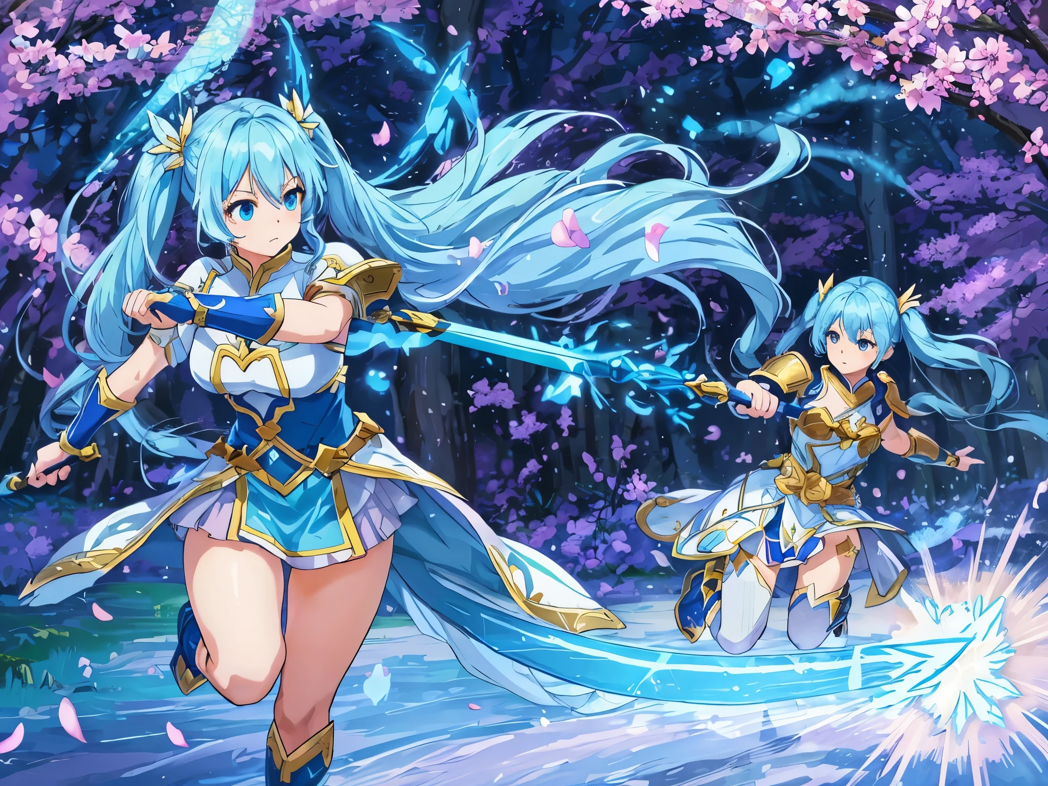 Has a large shield、light blue long hair、Beautiful girl with twin tails, with a big shining sword、dynamic mode、Dressed like a fighting beautiful girl warrior:1.2, dream-like shine, Running through the forest、Splash art with flying petals、