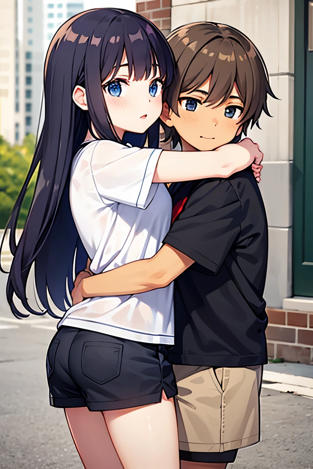 High school girl hugs an boy,high school girl t-shirt,High school girls wear spats,Elementary school shorts,