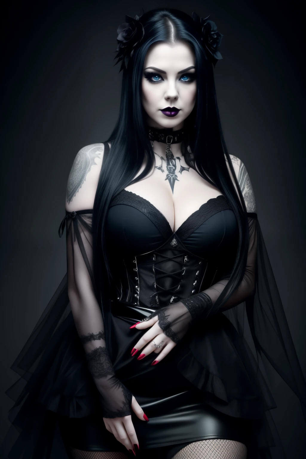Amy Lee, a 37-year-old woman with pale skin and a thick, curvaceous figure, dons a rocker outfit that hugs her body, accentuating her unique allure. Her brilliant blue eyes, enhanced by the gothic makeup that frames them, radiate an air of mystery and seduction. As she poses, her outfit reveals a hint of cleavage and her arms are crossed, drawing attention to her toned biceps. The gothic makeup, with its dark lipstick and heavy eyeliner, complements her edgy rocker aesthetic. Her expression is alluring and inviting, as if beckoning the viewer to join her in her dark,