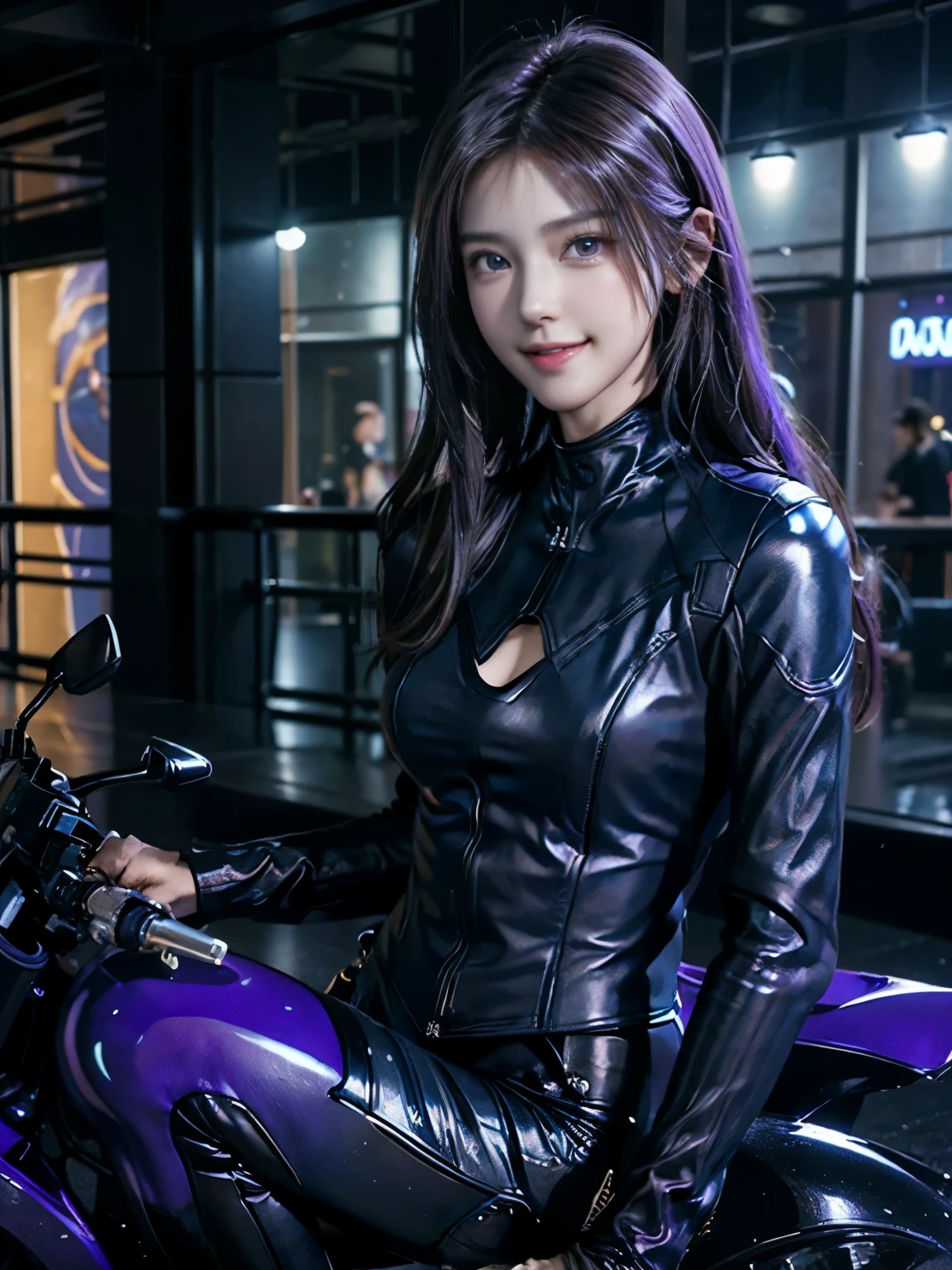 ((best quality)), ((masterpiece)), ((perfect face))、（(detailed motorcycle)）、Detailed and clear photos、((riding a motorcycle))、slender body、long legs、full body shot、smile、((Purple long sleeve riding suit and leather pants))