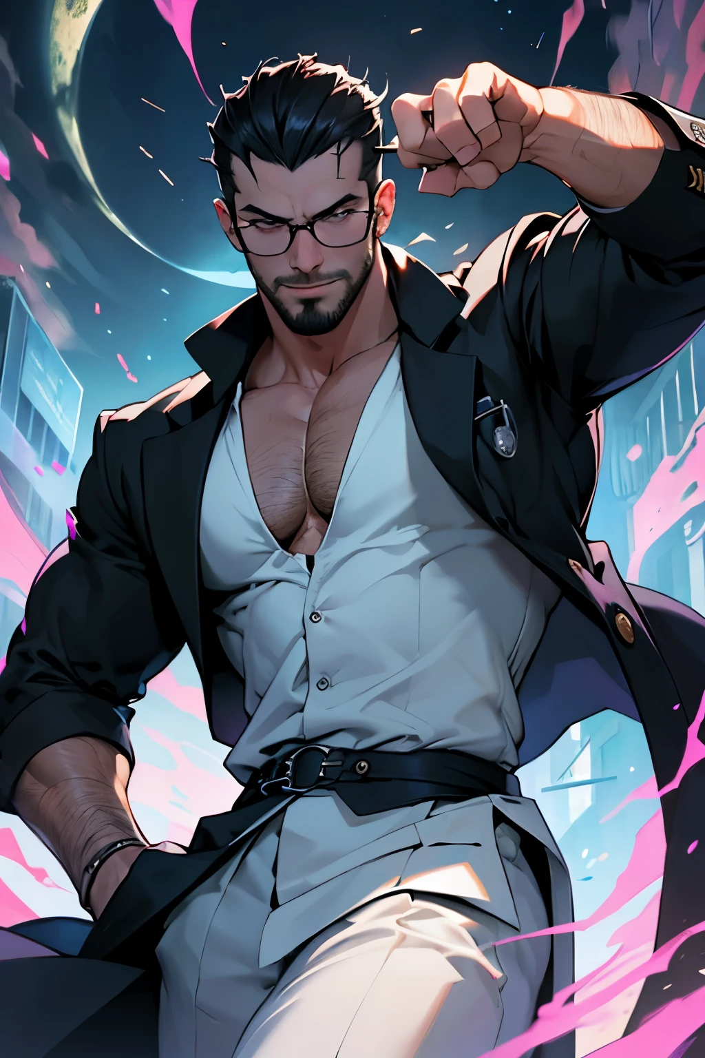 Camisa blanca levemente desabrochada, pectoral peludo, primer plano de cuerpo completo, Geoffrey McCullum de Vampyr, pose de anime guapo, pose de lado, injection in hand, doctor, barba corta sombreada, cabello corto, cabello corto a los lados y un poco alto en el centro pero bien arreglado, round full black glasses, biochemical laboratory, cabello negro.