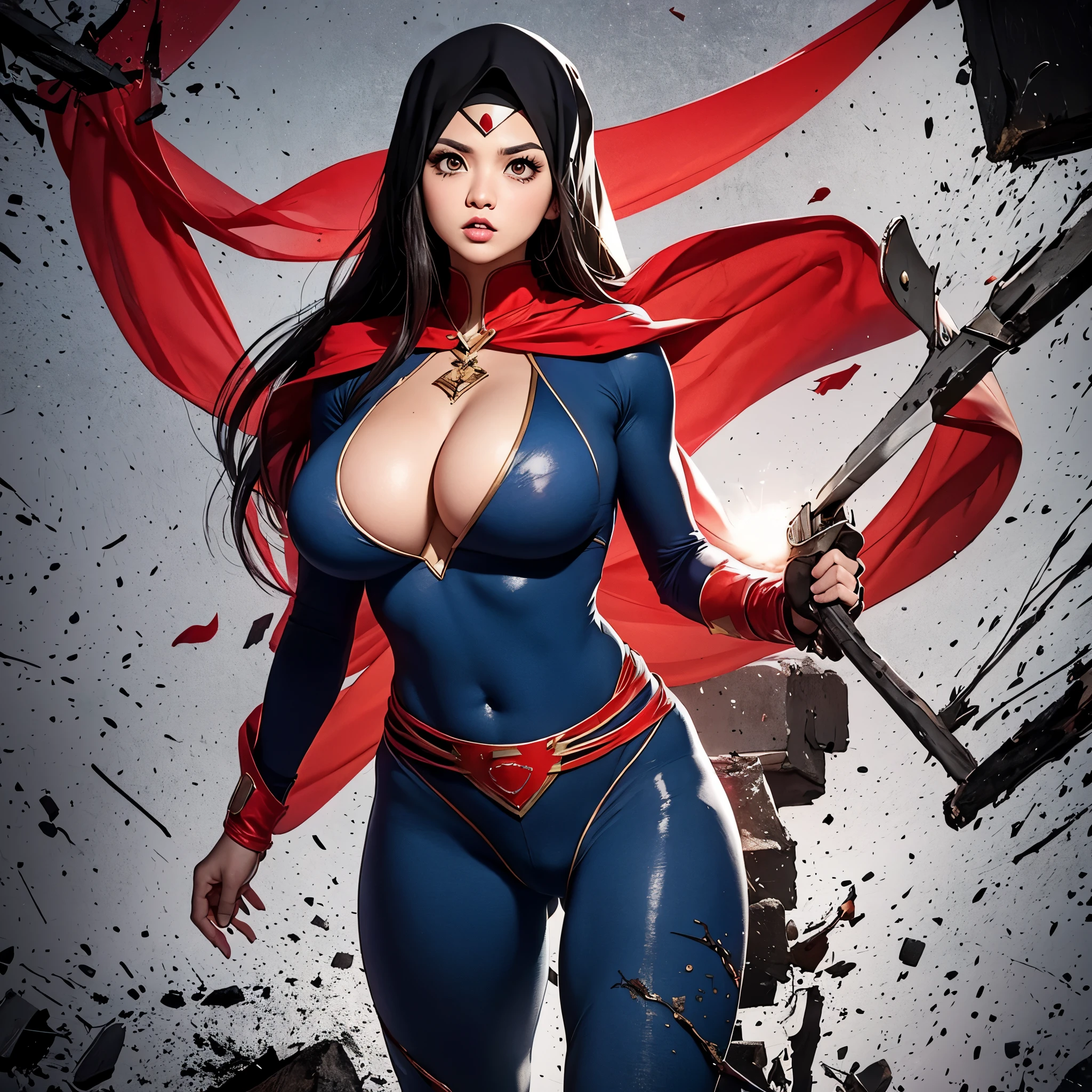 (Asian SuperWoman, Malaysian, huge breasts, athletic, slim waist, big hips, big eyes, Hijab with uniform symbol, tattered uniform) in a desperate fight with (Cannibal Corpse| Ninja)