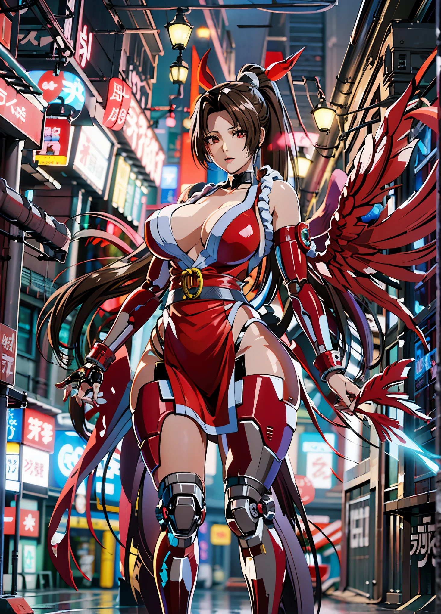 girl 1、highest quality、masterpiece、超A high resolution、Arad woman in futuristic suit with red mechanical wings and sword, A girl wearing mechanical cyber armor that shines red.、perfect android beauty、Beautiful woman wearing a red android suit、perfect robot beauty、cyberpunk anime girl mecha, anime robotと有機物が混ざり合う, mechanized red valkyrie girl, perfect anime cyborg woman, cute cyborg girl, female mecha, A simple futuristic cyborg, beautiful girl cyborg, beautiful robot character design,((Super realistic details)), Realistic character art rendering 8K, anime robot、(red glowing eyes)、have a sword、((mai shiranui))、long and high ponytail、((mechanical dress:1.3))、((attack posture:1.6))