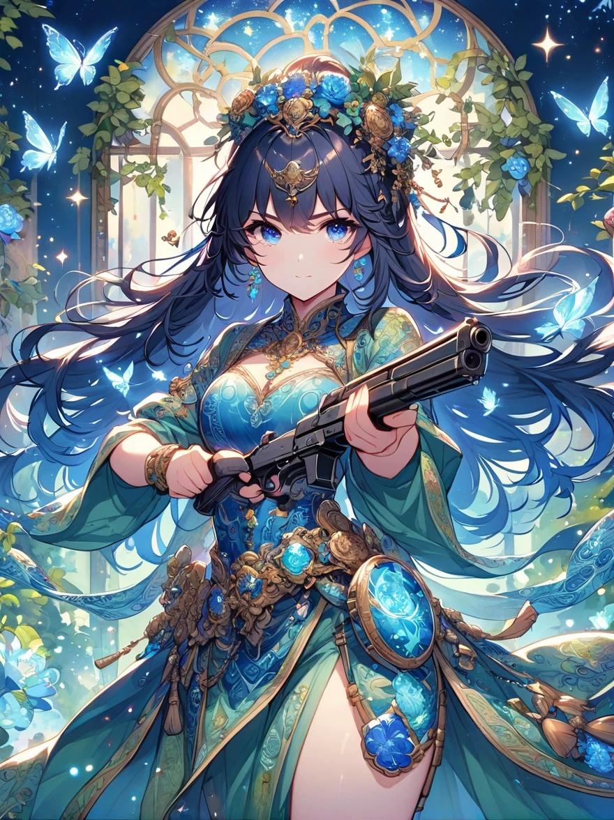 Let yourself be immersed in the world of Chinese martial arts through the enchanting prompts of a mysterious female martial artist's oil painting. Adorned in exquisite Chinese armor, she exudes elegance, solo, her body aglow, with glowing lotus flowers, radiant lines, fluorescence, glowing examples, tracking examples, flashes, bioluminescent particles, backlighting, translucency, light particles, and correct human anatomy. Positioned in a pond, (holding guns in both hands), (gun focus), aiming at you, the composition captures the warrior's mysterious aura as she stands amidst the tranquil bamboo grove, her armor reflecting the dappled sunlight. The intricate details of her armor, decorated with lavish patterns and symbols, speak of a rich heritage and noble lineage. The legendary silver Desert Eagle pistol she wields, with its exquisite craftsmanship and mythic aura, becomes a symbol of her martial prowess. The bold strokes and vibrant colors used in the artwork add dynamism and energy, painted by the renowned Chinese artist Qi Baishi.