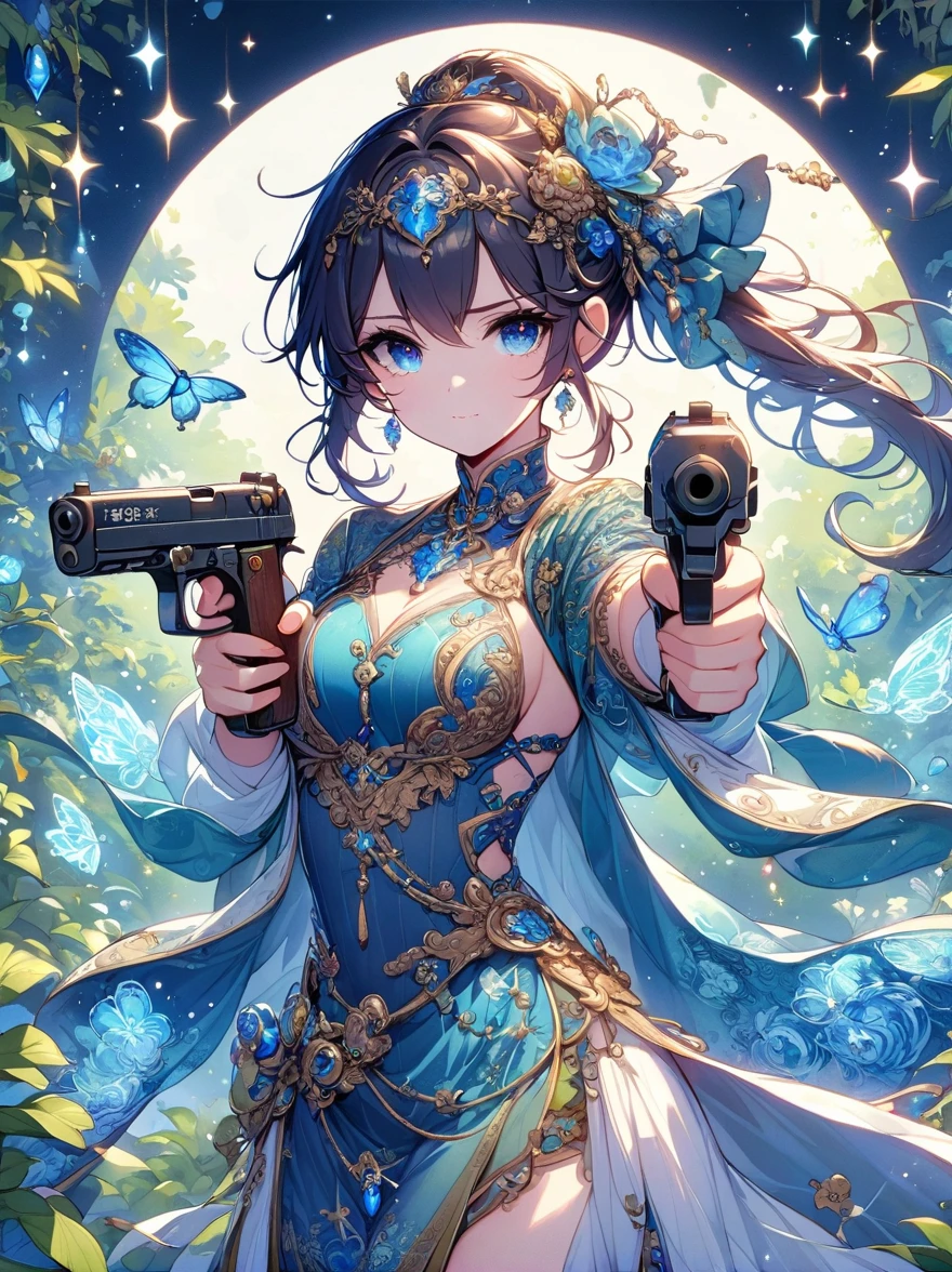 Let yourself be immersed in the world of Chinese martial arts through the enchanting prompts of a mysterious female martial artist's oil painting. Adorned in exquisite Chinese armor, she exudes elegance, solo, her body aglow, with glowing lotus flowers, radiant lines, fluorescence, glowing examples, tracking examples, flashes, bioluminescent particles, backlighting, translucency, light particles, and correct human anatomy. Positioned in a pond, (holding guns in both hands), (gun focus), aiming at you, the composition captures the warrior's mysterious aura as she stands amidst the tranquil bamboo grove, her armor reflecting the dappled sunlight. The intricate details of her armor, decorated with lavish patterns and symbols, speak of a rich heritage and noble lineage. The legendary silver Desert Eagle pistol she wields, with its exquisite craftsmanship and mythic aura, becomes a symbol of her martial prowess. The bold strokes and vibrant colors used in the artwork add dynamism and energy, painted by the renowned Chinese artist Qi Baishi.