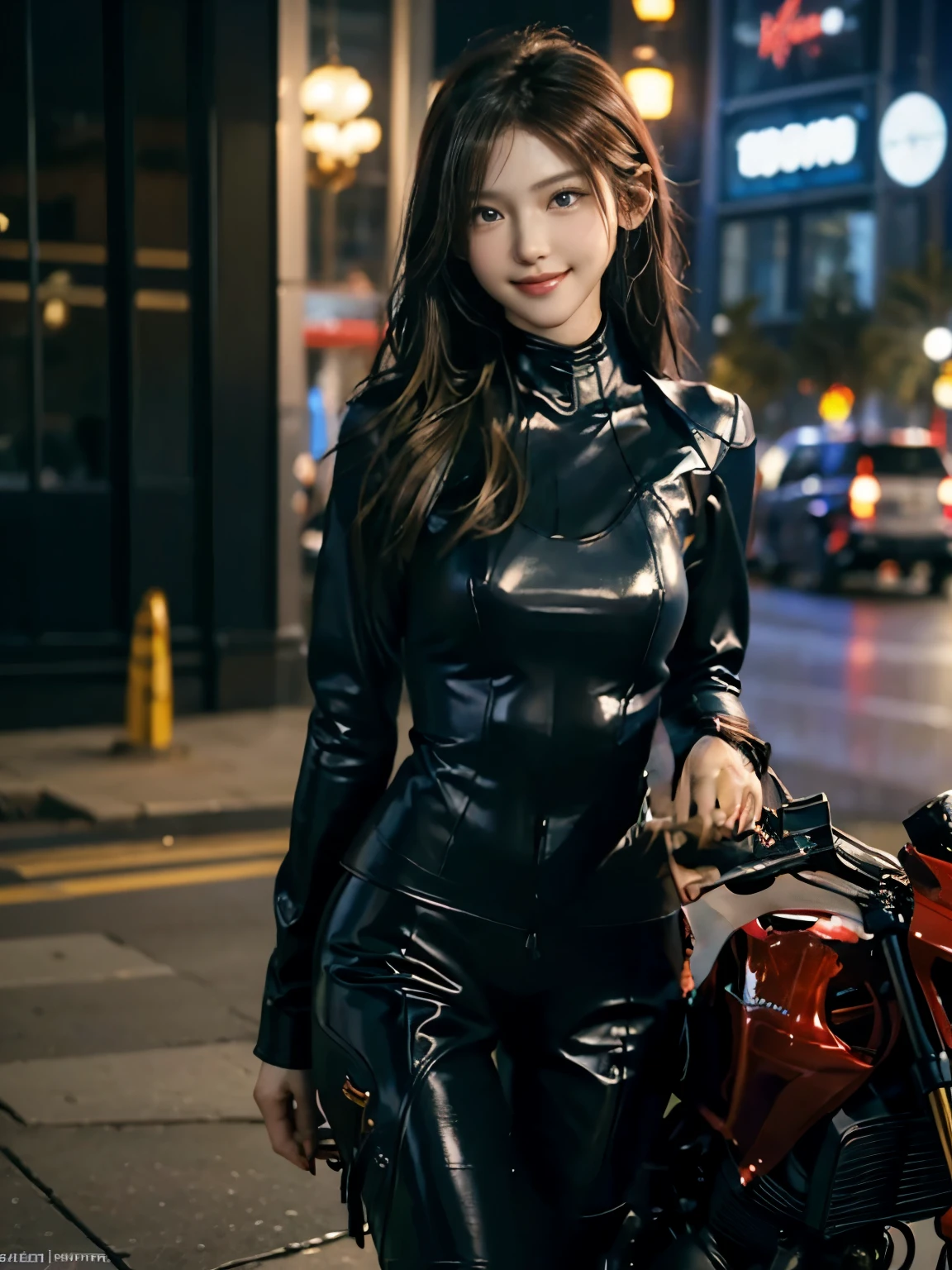 ((best quality)), ((masterpiece)), ((perfect face))、（(detailed motorcycle)）、Detailed and clear photos、((riding a motorcycle))、slender body、long legs、full body shot、smile、((Red long sleeve riding suit and leather pants))