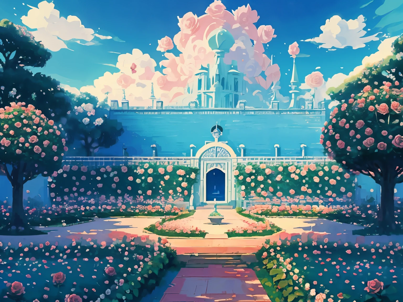 DVD screengrab from studio ghibli movie, (beautiful rose garden:1.4), clouds on blue sky, designed by Hayao Miyazaki, retro anime, bright pastel colors