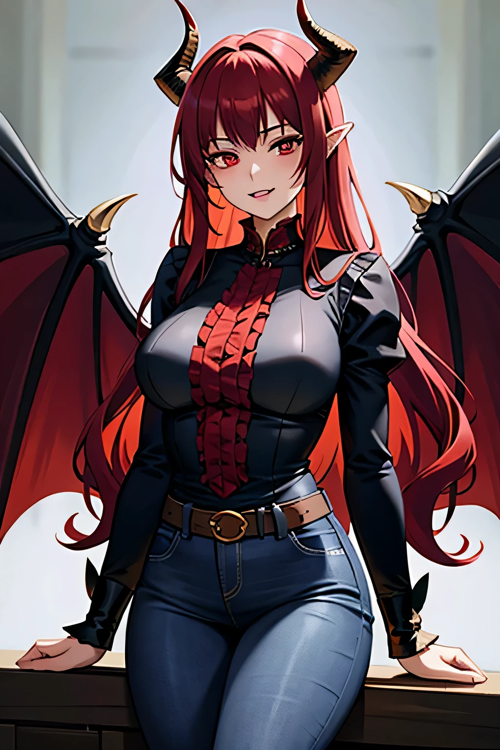 (masterpiece, best quality, detailed background, intricate details), dark castle, 1girl, demon, red hair, red eyes, slit pupils, curled horns, wings, fangs, dark blue blouse, jeans, morning, blue sky