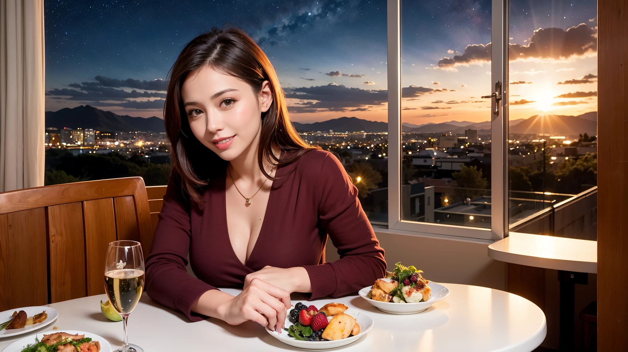 K, Hmm, highest quality, masterpiece: 1.2), (realistic, photorealistic: 1.37), Spectacular view of the sunset sky and clouds、Amazing mountain views、3 slim beauties, (slim face),Happy、 the best smile、Fox face、Berry Short、(because I'thin), (brown hair), (shortcut), long sleeve shirt、winter fashion、Colombian、Brazilian、Japanese、Dutch、German、Portuguese、Belgian、Italian、French,Champagne、sparkling wine、 (squirt), (slim body), (brown hair), (shortcut), neat beauty、cheeks turn a little red, (41 years old), 38 years old, alone, A beautiful and detailed night view spreads out outside the window....., restaurant, wine glass is sitting, At night, in a prominent place (from the Upper body) nova frog style, actress, model, Upper body, White wine, slim, wine glass, Very beautiful night view, wine glass Put in the Middle, Happy smile, (smile: 1.15),