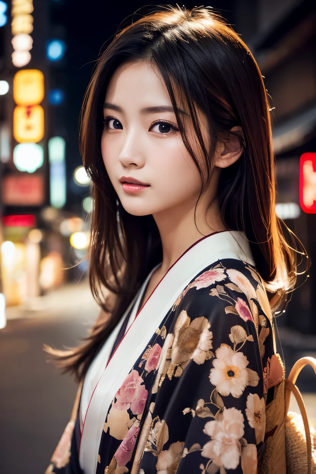 Beautiful Japanese supermodel woman, A lock of hair with slight highlights, black eyes, Sexy,street background,Gorgeous kimono , Liquid color flows across her face, Shooting against the light,Perfect facial lighting,mixed media