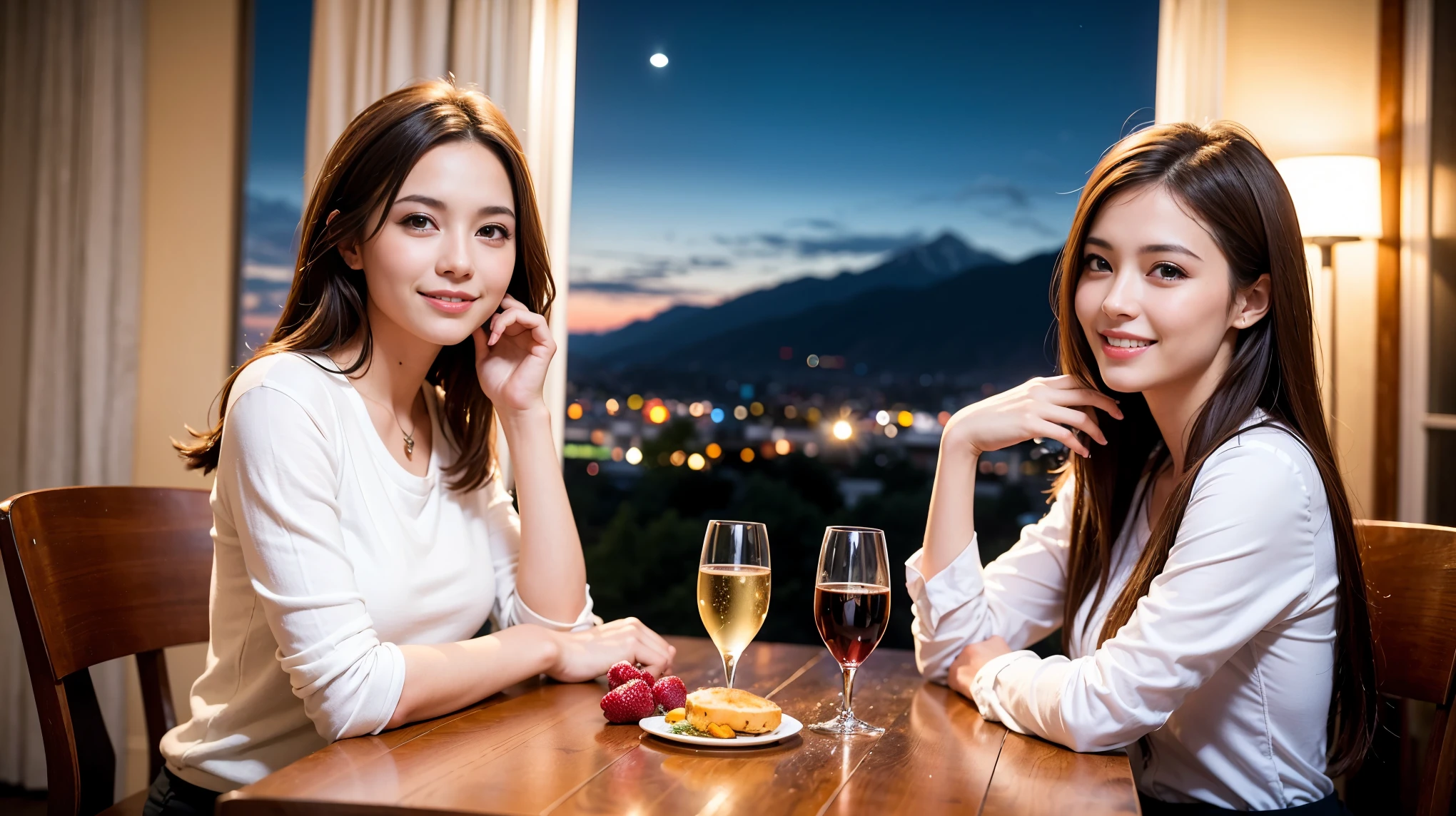 K, Hmm, highest quality, masterpiece: 1.2), (realistic, photorealistic: 1.37), Spectacular view of the sunset sky and clouds、Amazing mountain views、3 slim beauties, (slim face),Happy、 the best smile、Fox face、Berry Short、(because I'thin), (brown hair), (shortcut), long sleeve shirt、winter fashion、Colombian、Brazilian、Japanese、Dutch、German、Portuguese、Belgian、Italian、French,Champagne、sparkling wine、 (squirt), (slim body), (brown hair), (shortcut), neat beauty、cheeks turn a little red, (41 years old), 38 years old, alone, A beautiful and detailed night view spreads out outside the window....., restaurant, wine glass is sitting, At night, in a prominent place (from the Upper body) nova frog style, actress, model, Upper body, White wine, slim, wine glass, Very beautiful night view, wine glass Put in the Middle, Happy smile, (smile: 1.15),
