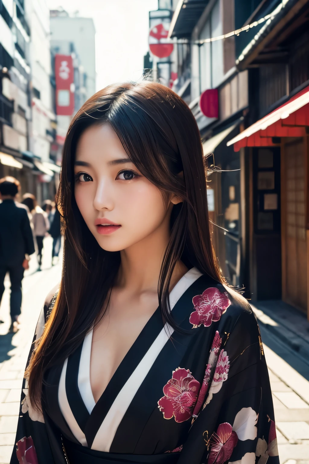 Beautiful Japanese supermodel woman, A lock of hair with slight highlights, black eyes, Sexy,street background,Gorgeous kimono , Liquid color flows across her face, Shooting against the light,Perfect facial lighting,mixed media