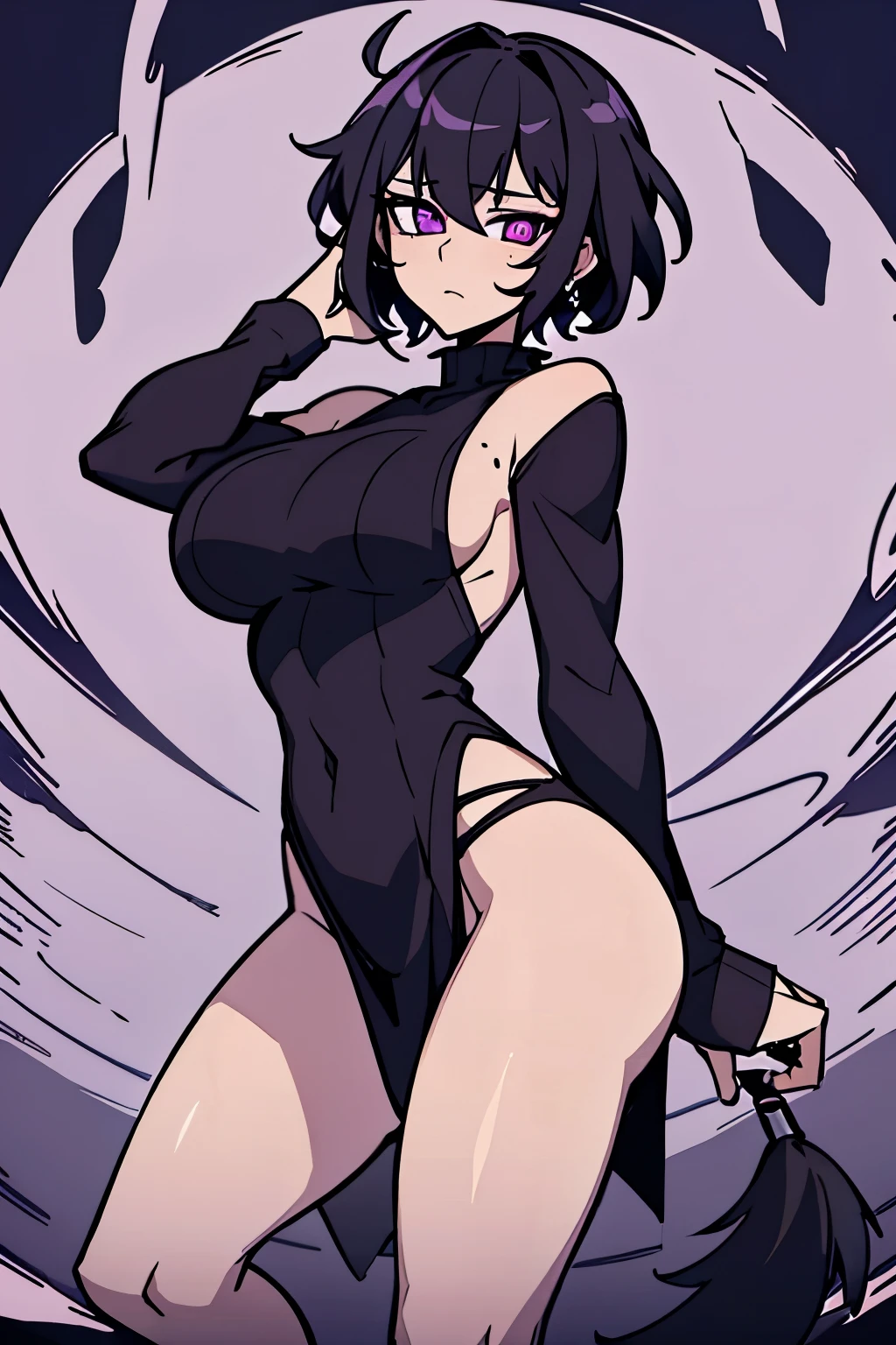 Ultra Real), (Illustration), (High Resolution), (8K), (Very Detailed), (Best Illustration), (Beautiful Detailed Eyes), (Best Quality), (Ultra Detailed), (Masterpiece) very big breasts, Bare shoulders attractive legs, (busty), (perky) (huge ass) (bubble butt) human_feet, messy hair, black hair, (purple eyes:1.1), barefoot, bare shoulders, RaidenGenshin_NDV, 1girl, mole under eye, virgin killer sweater, short hair, black sweater, catlike puples
