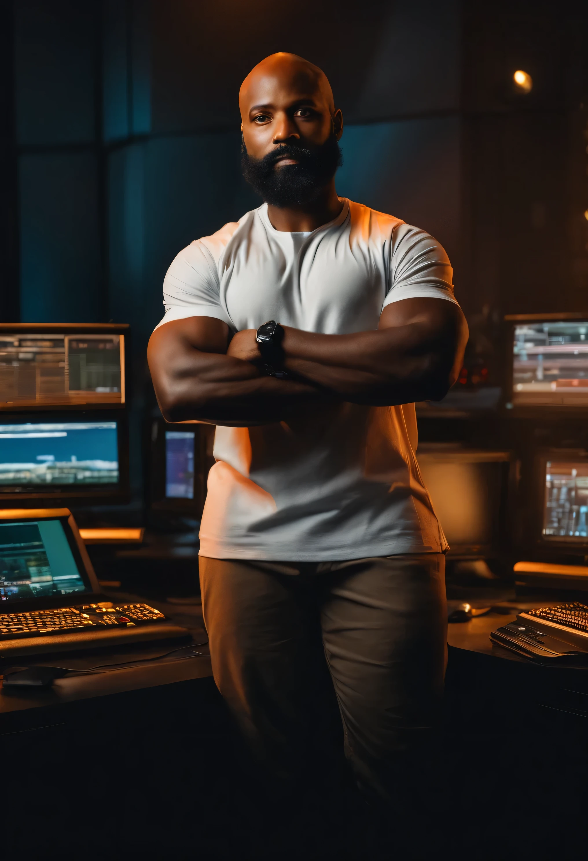 A 32-year-old black man with a beard and mustache but with a bald head with his arms crossed and with a background image with several computers