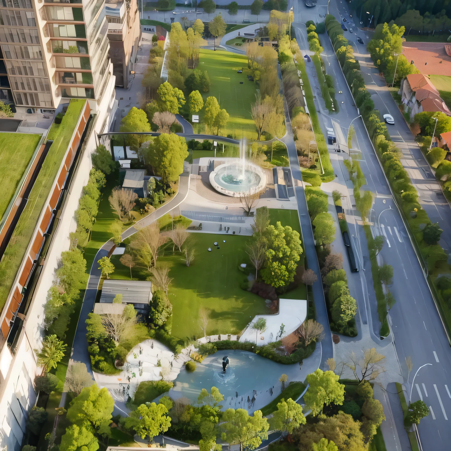 aerial view of a park with a fountain and a park in the middle, parks and public spaces, green space, Landscape Architecture Photos, a park, photo taken from above, view from above, photo taken from above, aerial view from above, Wide angle shot from above, parks and gardens, photo above, royal garden landscape, Grow naturally around cities