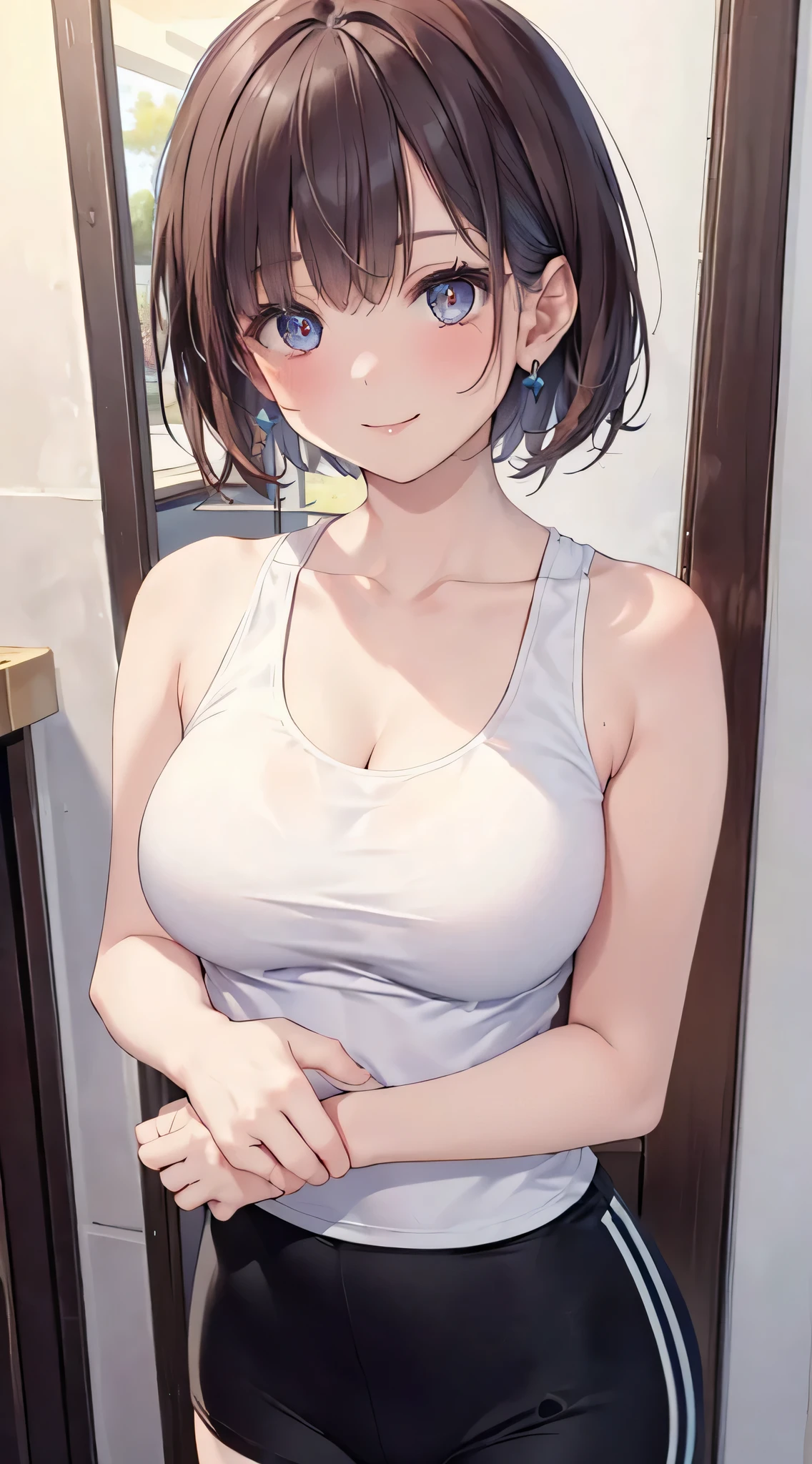 ((highest quality, 8K, masterpiece :1.3)), 1 girl, Beautiful woman:1.3, (short hair, big breasts: 1.2), oversized tank top: 1.2, super delicate face, delicate eyes, double eyelid, smile, Home