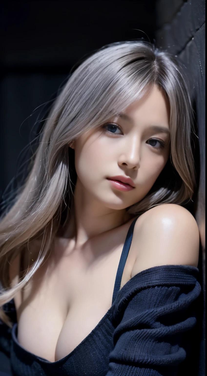 (In the Dark: 1.6)、Surreal portraits of women by David Hockney and Alphonse Mucha、fantasy art、photorealism、dynamic lighting、art station、blue eyes、volume lighting、highly detailed face、4K、Award、slim body、1 girl、in the dark、deep shadow、low key、cowboy shot、(AV actress:1.4)、long hair、(gray hair)、bust、Terminal、(nsfw:1.5