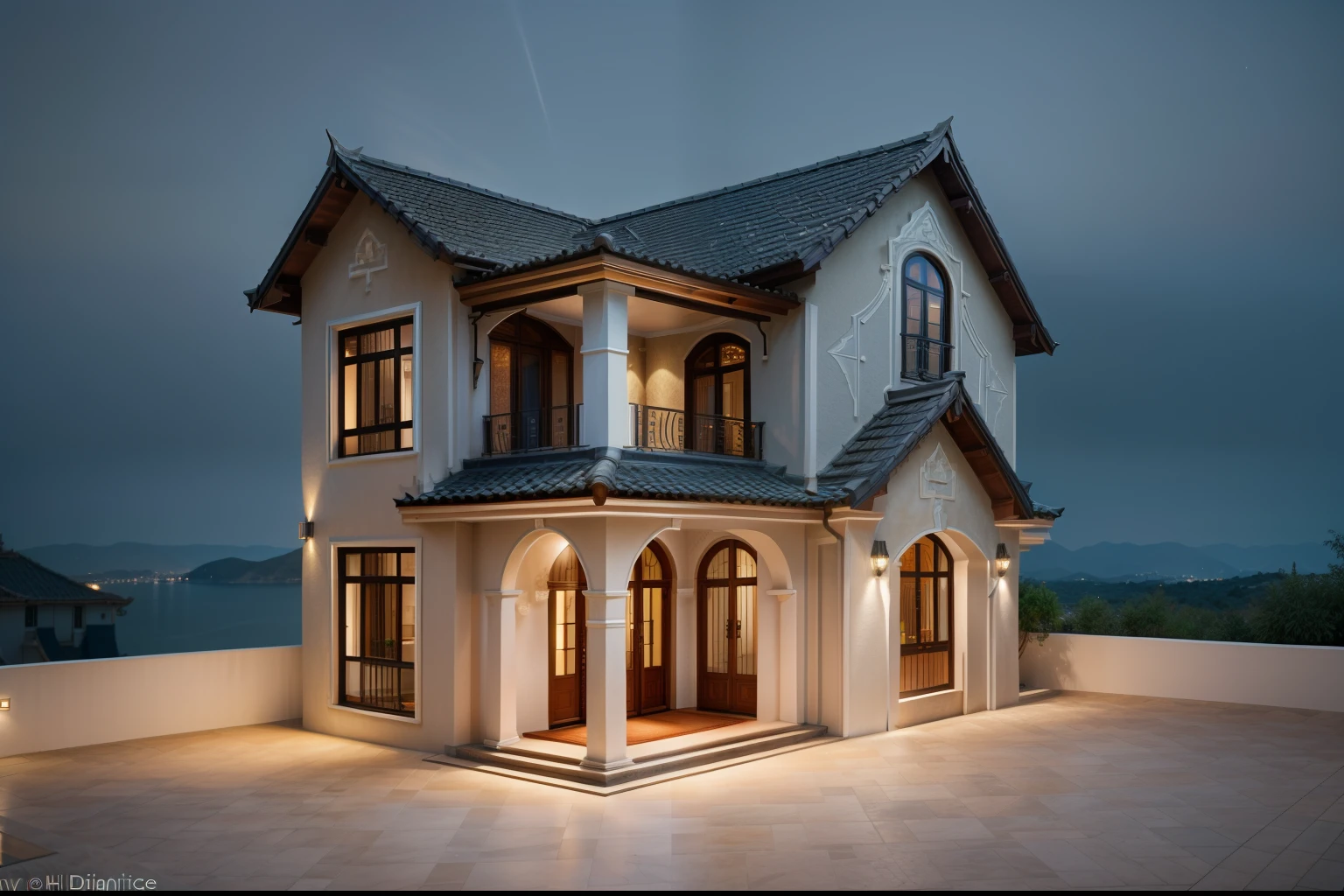 When design a MEDITERRANEAN EXTERIOR house, exterior design, (dark blue roof:1.1), (roof tile:1.2), (indochine style:1.1), ((Iron with artistic patterns detail:1.3) designed to make railings, windows),(xingfa door), (curved arch:1.35), (white wall), (nigh light:1.2), (night view:1.2),designed to make gates, railings, windows), The house bathed in natural nightlight and has warm LED lighting. Super sharp like photos taken with a professional camera, color block wall detail, (|color block materials| in neoclassic house), white color block neoclassic house (((volumetric light))), (outdoor ceiling spotlight:1.2), (Exterior night reverse lights:1.2), (|neoclassical cornice|), The focal point of the room the warm LED light with a color temperature of 3600k, |reverse lights| illuminate the columns around the house, night, 8k uhd, dslr, soft lighting, high quality, film grain, Fujifilm XT3 day, 8k uhd, dslr, soft lighting, high quality, film grain, Fujifilm XT3, The ambient lighting highlights the textures and details, creating a stock photo-like atmosphere, (((Best Quality))), ((Masterpiece)), ((best illustration)), ((best shadows)), ((Super Detail)), (Intricate lines), (Photorealism),(hyper detail), ((archdaily)), ((award winning design)), (dynamic light), ((day)), (perfect light), (shimering light), (hidden light), ((photorealistic)), ((FKAA, TXAA, RTX, SSAO)), ((Post Processing)), ((Post-Production)), ((CGI, VFX, SFX)), ((Full color)) ,((Unreal Engine 5)), ((intricate detail)), ((extreme detail)), ((science)), ((hyper-detail)), ((super detail)), ((super realistic)), ((crazy detail)), ((octane render)), ((Cinematic)), ((trending on artstation)), ((High-fidelity)), ((Viwvid)), ((Crisp)), ((Bright)), ((Stunning)), ((Eye-catching)), ((High-quality)),((Sharp))((Bright)), ((Stunning)), Natural, ((Eye-catching)), ((Illuminating)), ((Flawless)), ((High-quality)),((Sharp edge render)), ((medium soft lighting)), ((photographic render)), ((detailed archviz))