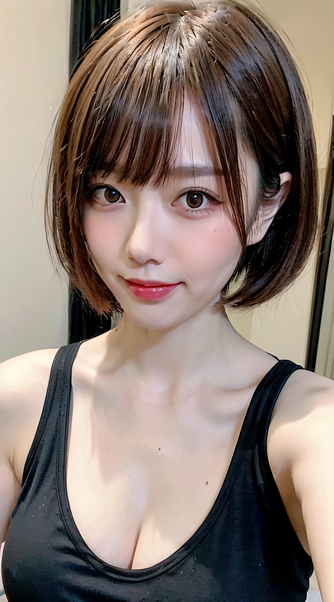 ((highest quality, 8K, masterpiece :1.3)), 1 girl, Beautiful woman:1.3, (short hair, big breasts: 1.2), oversized tank top: 1.2, super delicate face, delicate eyes, double eyelid, smile, Home