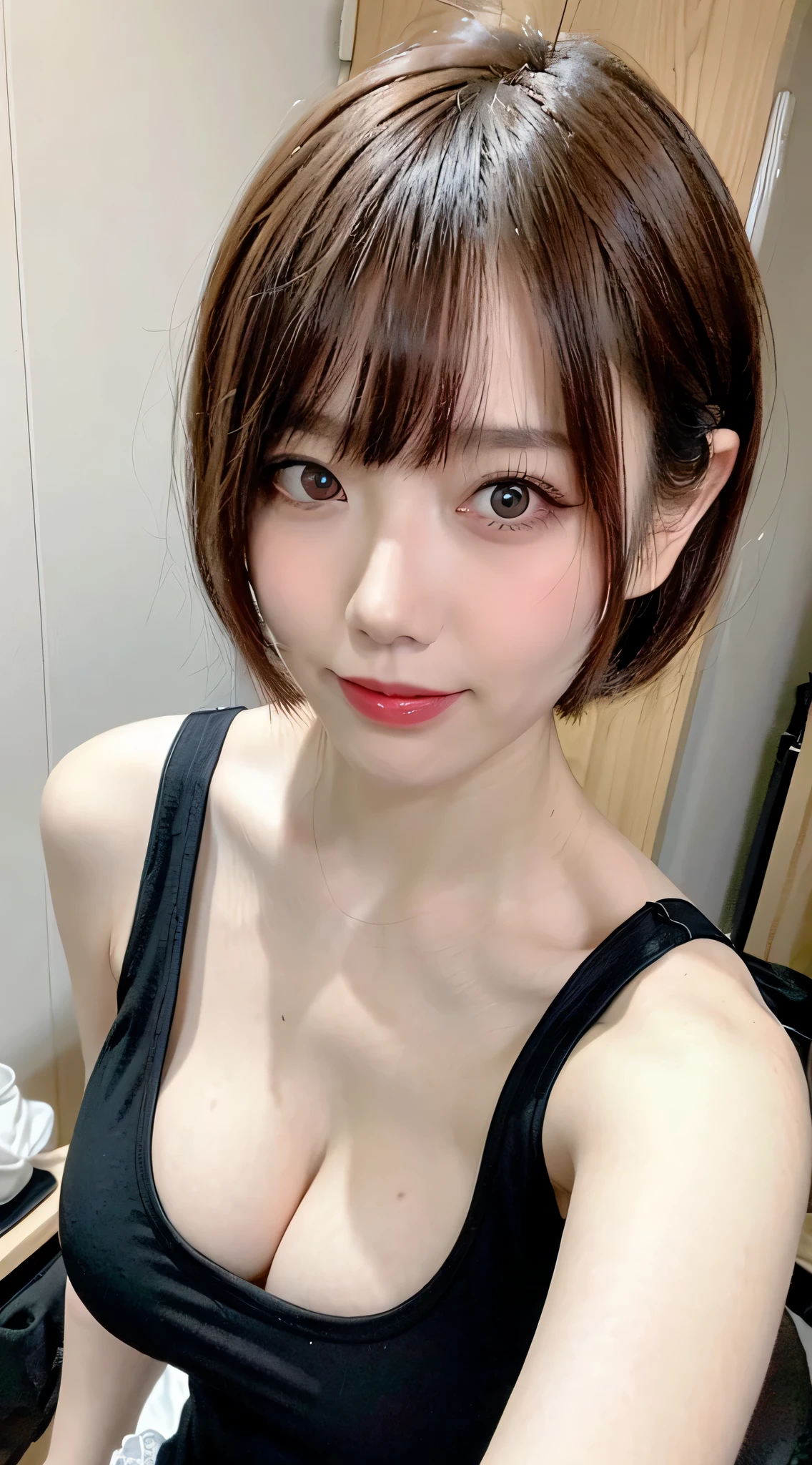 ((highest quality, 8K, masterpiece :1.3)), 1 girl, Beautiful woman:1.3, (short hair, big breasts: 1.2), oversized tank top: 1.2, super delicate face, delicate eyes, double eyelid, smile, Home