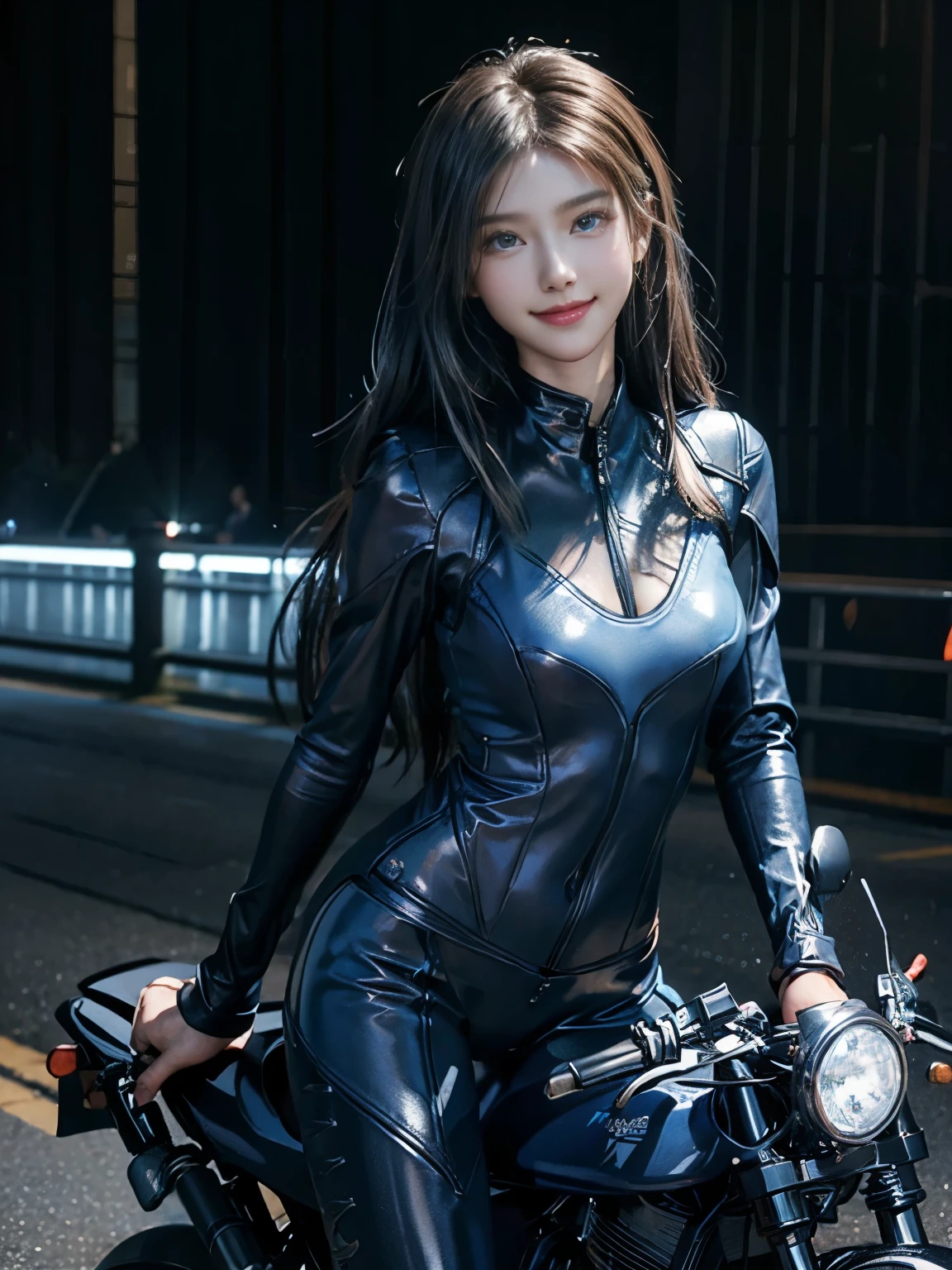 ((best quality)), ((masterpiece)), ((perfect face))、（(detailed motorcycle)）、Detailed and clear photos、((riding a motorcycle))、slender body、long legs、full body shot、smile、((Light blue long sleeve riding suit and leather pants))