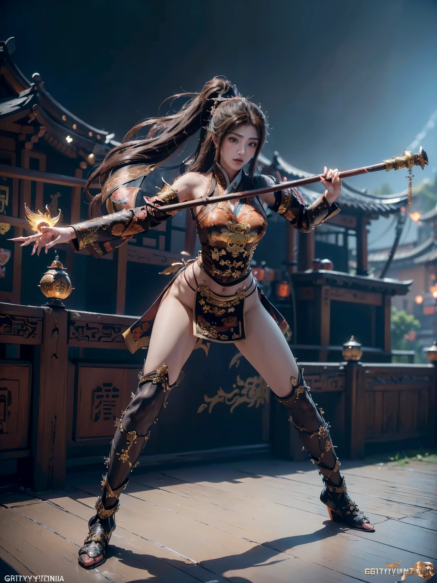 (drama, Gritty, intense:1.4),masterpiece, best quality, 8K, Crazy details, intricate details, Super detailed, Super quality, high detail, Super detailed, masterpiece,
1Beauty focus,alone, possessing weapons,Hold the lever arm,Ornate spear, armor, Badge,scapular, (Full body female love:1.5),
long brown hair,ponytail,
(east asian architecture, on the battlefield:1.4),
A shot full of tension(Visually stunning and shocking,Give your posters a dynamic and eye-catching look:1.2),Chinese Zen style,impactful picture,