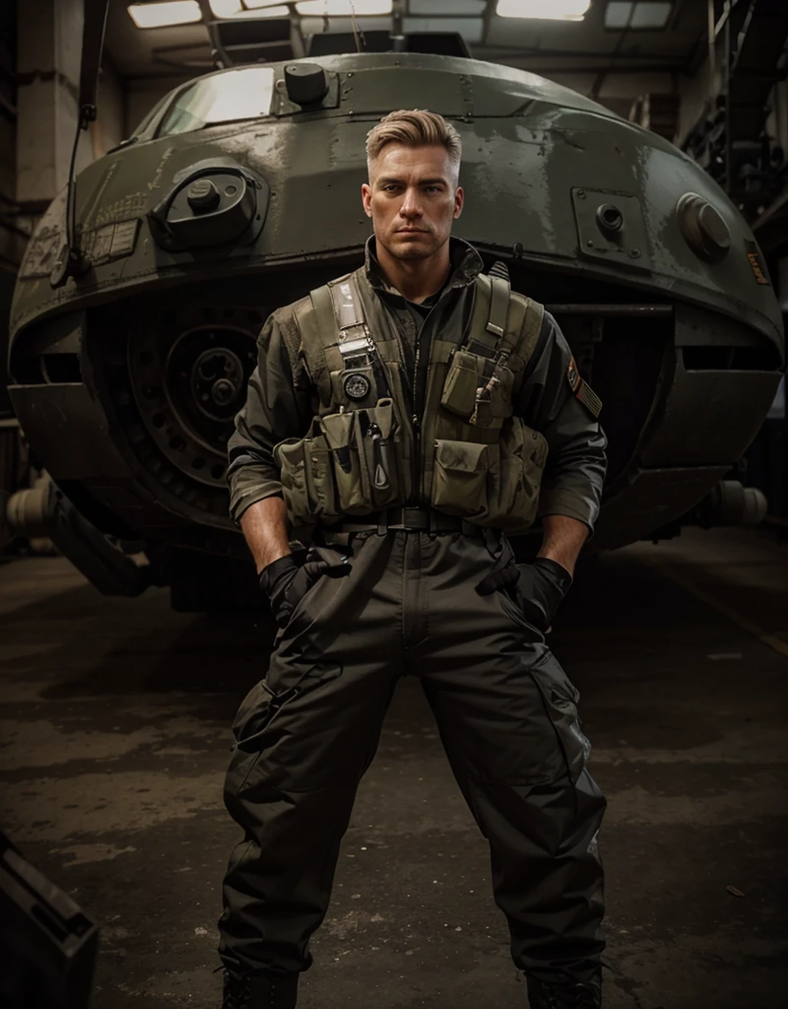 Male soldier, very masculine German face, light blonde hair, military cut, serious and rude expression, very white skin, dark gray overalls, black leather gloves, belt with ammunition and tools, black military boots, he is in a dark military hangar, there is a military tank, Many metal pipes, a lot of smoke, cloudy sky, smoky, 4k, ultra detailed image, Realistic, highly detailed, perfect composition, gorgeous, Intricately detailed, incredibly detailed, 8 k artistic photography, hyper detailed, masterpiece , ultra detailed, hyper Realistic, 4k, ultra detailed image, Realistic, highly detailed, perfect composition, beautiful, Intricately detailed, incredibly detailed, 8K fine art photography, hyper detailed, masterpiece