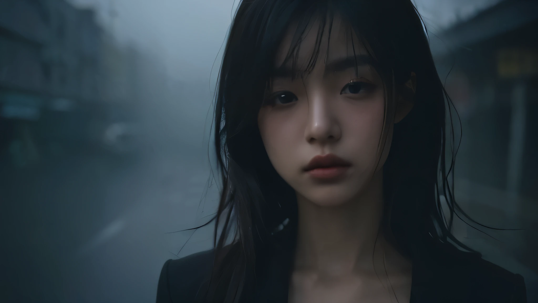 wide shot:2, 1 girl, detailed face, Ruined Tokyo, A dreamy dark day, foggy atmosphere, Faint accent lights, masterpiece, highest quality, Super detailed, realistic, Raw photo, fine eyes