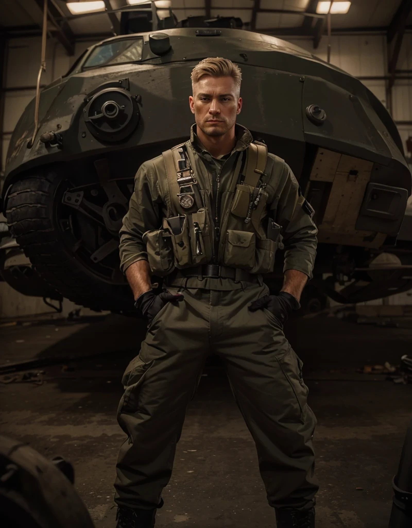 Male soldier, very masculine German face, light blonde hair, military cut, serious and rude expression, very white skin, dark gray overalls, black leather gloves, belt with ammunition and tools, black military boots, he is in a dark military hangar, There is a German military tank from WWII, 4k, ultra detailed image, Realistic, highly detailed, perfect composition, gorgeous, Intricately detailed, incredibly detailed, 8 k artistic photography, hyper detailed, masterpiece, ultra detailed, hyper Realistic, 4k, ultra detailed image, Realistic, highly detailed, perfect composition, beautiful, Intricately detailed, incredibly detailed, 8K fine art photography, hyper detailed, masterpiece