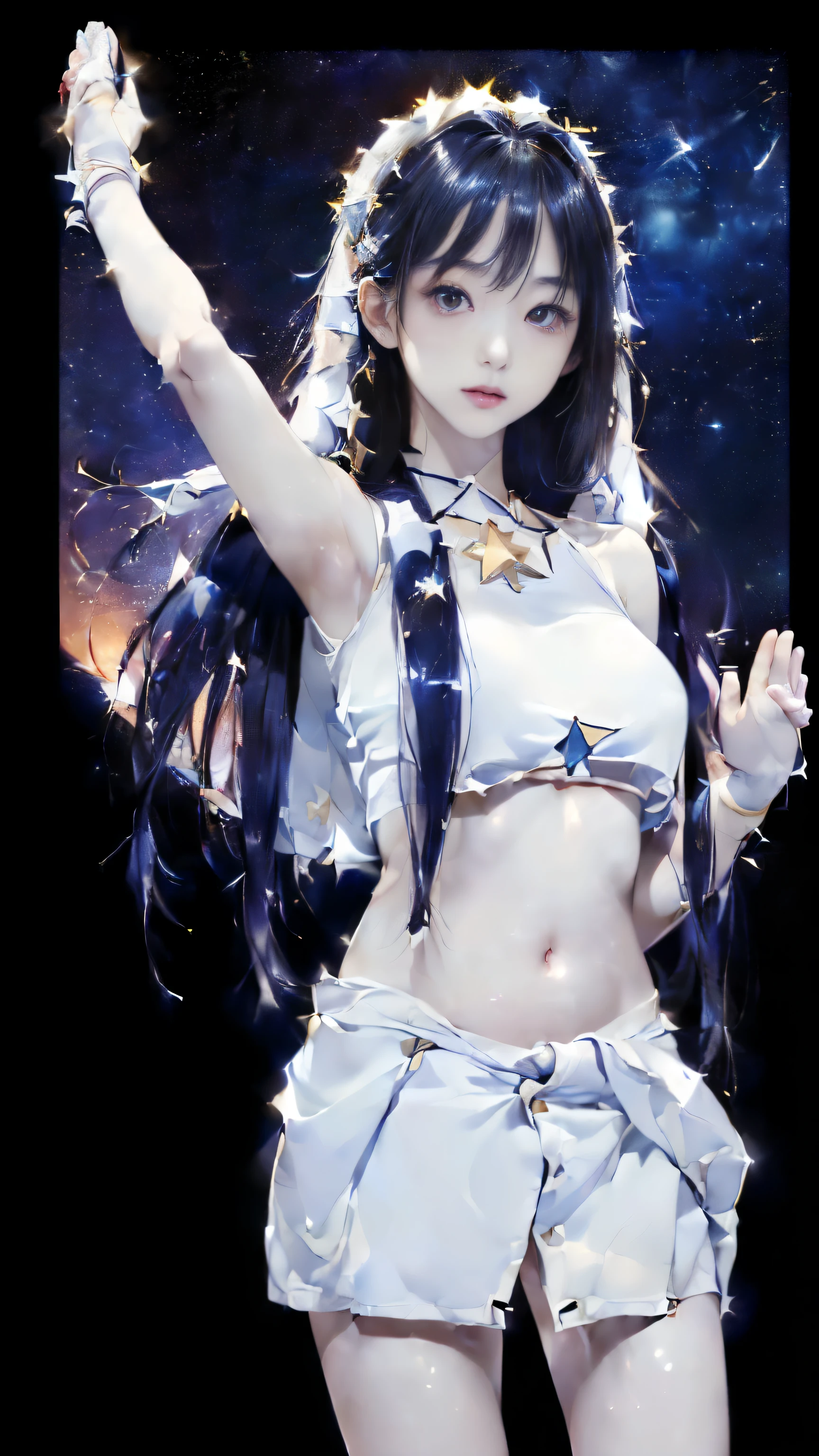 (((masterpiece))),((highest quality)),one beautiful japanese girl,pale, (A character that personifies a star: 1.5), (hair shines:1.5)、(((The body glows:1.5)))、(belly button)、(Clothes are hard, pale, and shiny:1.5),(private server), (exposure of skin),(The background is the night sky outside 1.5).(((from the front:1.5)))、(straight front: 1.5)、(((raise both hands:1.5)))