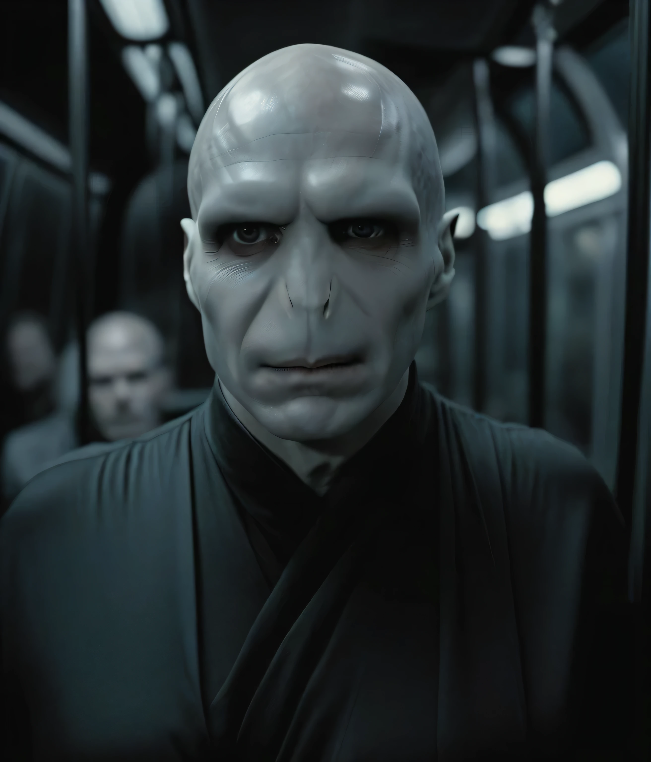 PORTRAIT OF LORDVOLDEMORT in night, robes, inside a bus , H. G. Giger, , full bodyphoto taken at eye level,DSLR,canon EOS RS,ultra quality,sharp focus,tack sharp, depth of field (dof). Film grain,crystal clear,8k UHD, highly detailed, facial features, high detailed background. Art supplies.