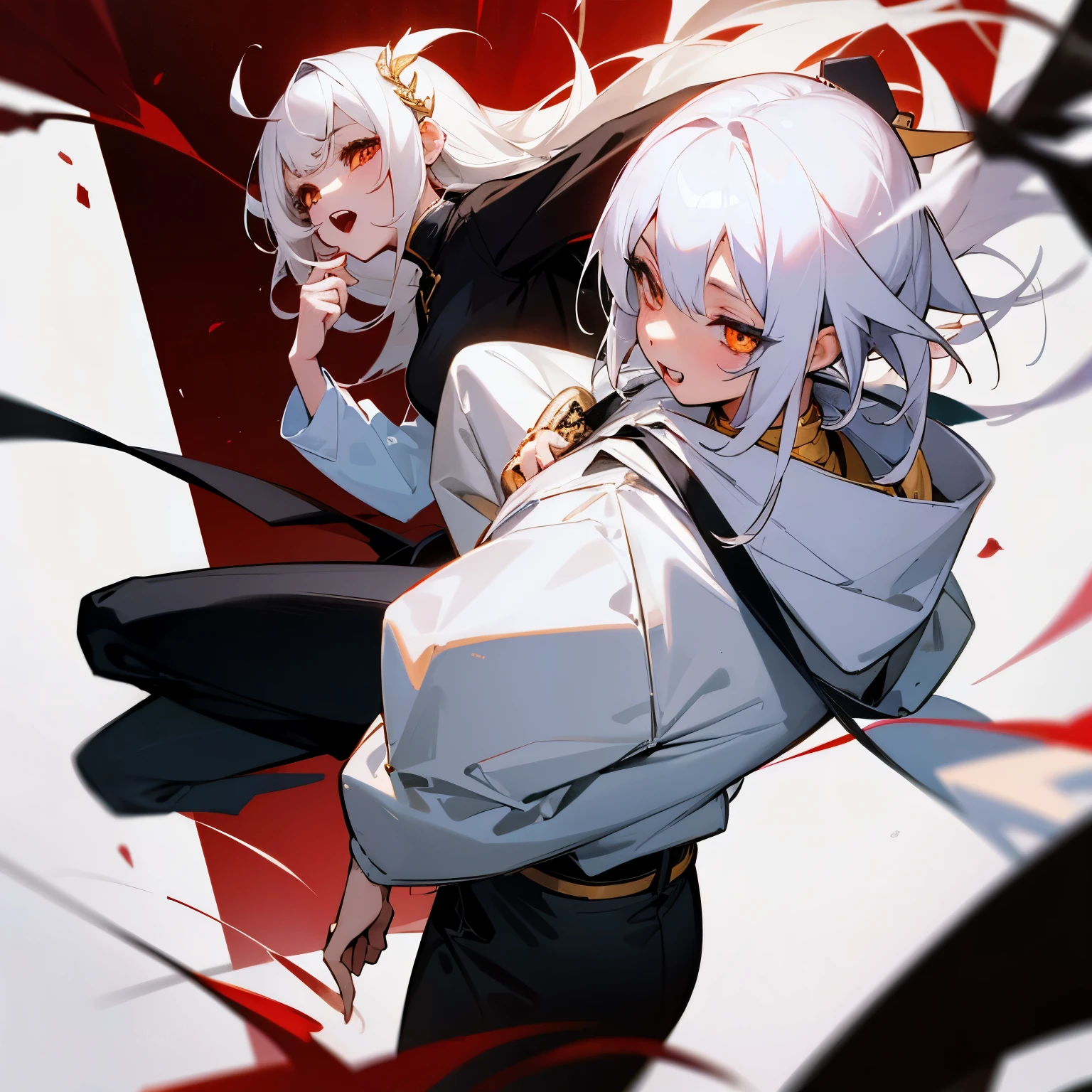 two girls, white hair, gold eyes, Chinese in paining, white hoodies, long black pants, vampire teeth